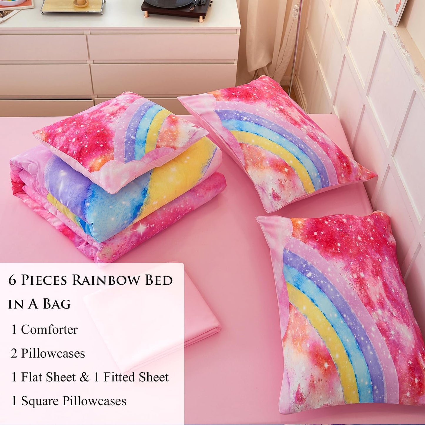 ANGIYUIN 6 Pieces Rainbow Queen Size Bed in A Bag for Girls/Kids/Teens, Colorful Sparkle Tie Dye Girls Comforter Set, Soft Sparkle Glitter Galaxy Bed Sets for All Season