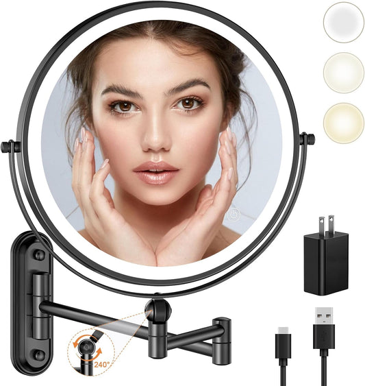 9" Wall Mounted Makeup Lighted Mirror, 4000mAh Rechargeable Double Sided LED Vanity Mirror with Height Adjustable&1X/10X Magnification, 3 Color Lights Touch Screen Dimmable 360°Swivel Bathroom Mirror