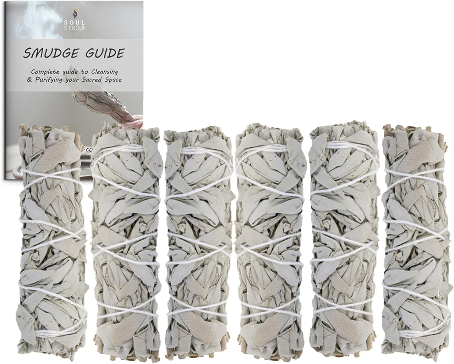 Ancient VEDA 6" White Sage Smudge Sticks for Cleansing House, Meditation, Yoga, Negative Energy Cleanse, and Smudging with Starter Guide | 6 Inch Organic California White Sage Bundles (6 Pack)