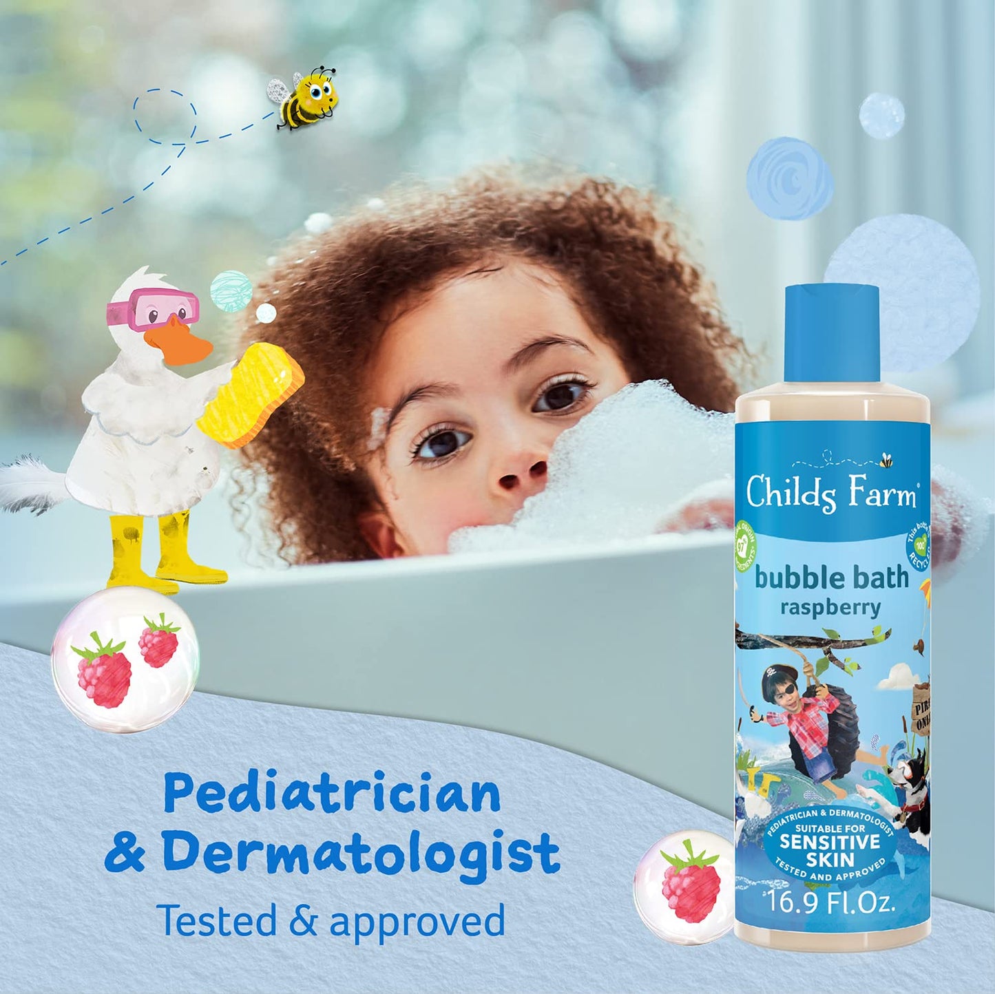 Childs Farm, Kids Bubble Bath for Dry, Sensitive Skin, Organic Raspberry, Gently Cleanses & Soothes, Vegan, Cruelty-Free, 16.9 fl oz