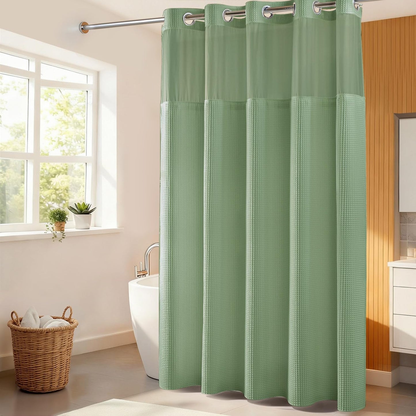 River Dream Sage Green Fabric Shower Curtain Set, Cotton Blend, Waffle Weave, with Snap in Replacement Liner，71 x 86 inches