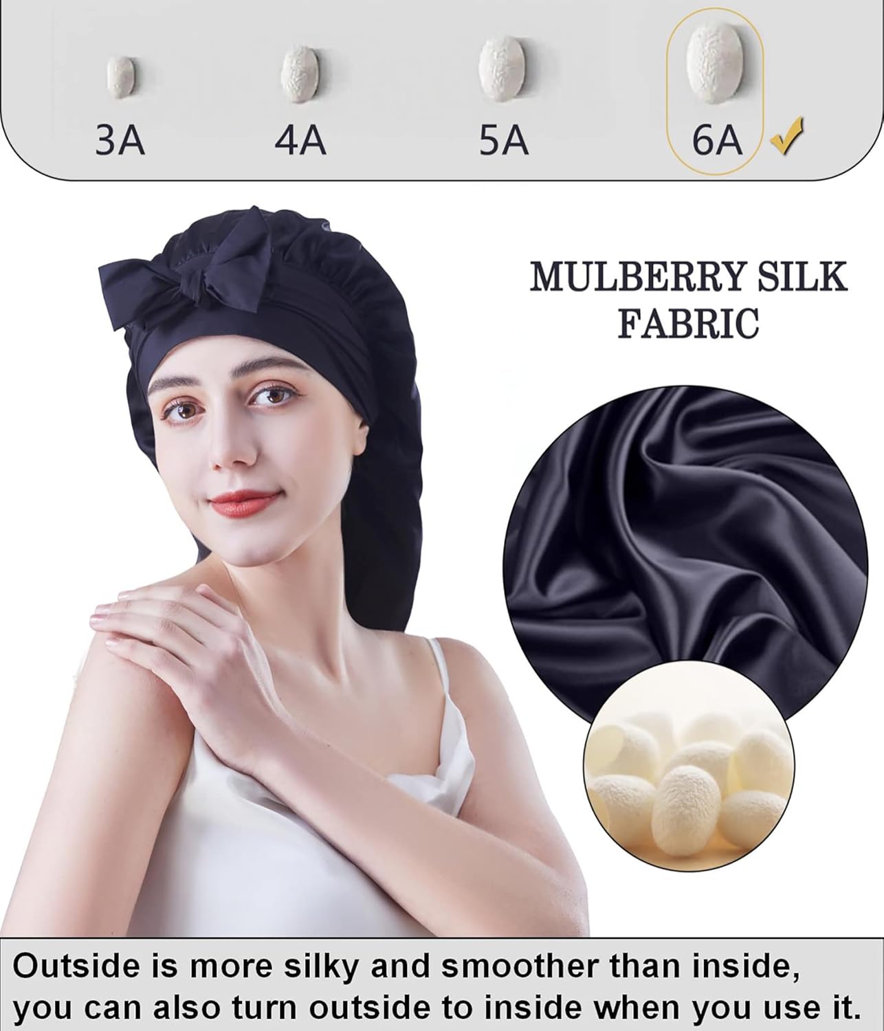 Cocheng Mulberry Silk Bonnet for Sleeping Long Silk Bonnet for Curly Hair Braids Cap for Women Silk Cap with Tie Band