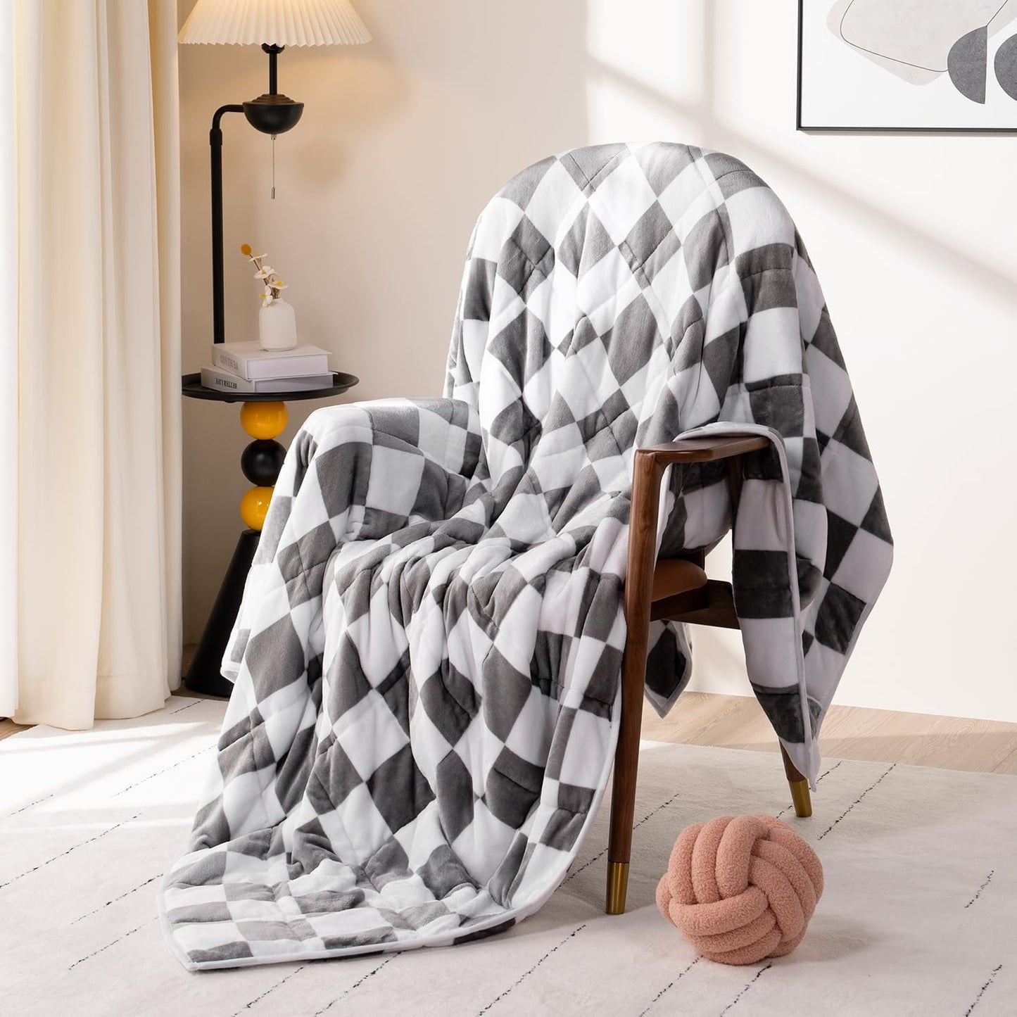 Wemore Flannel Fleece Weighted Blanket for Adult Queen Size 15 lbs, Dual Sided Luxurious Checkerboard Grid Heavy Blankets, Ultra Soft Throw Blanket, Plaid Grey, 60 x 80 inches