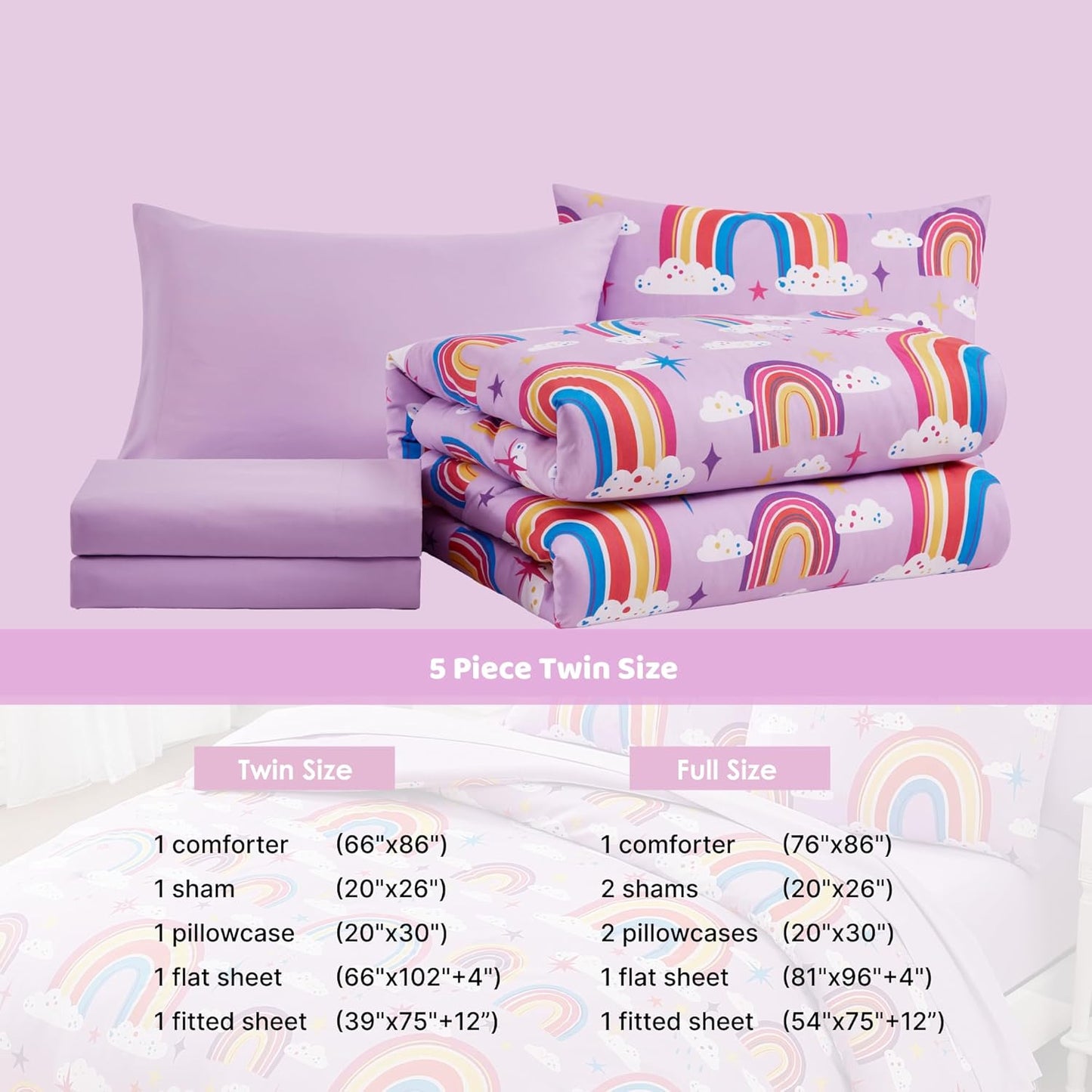 Twin Comforter Set for Girls-5 Pieces Purple Rainbow Glow in The Dark Twin Bedding Sets for Kids, Ultra Soft Bed in A Bag with Sheets