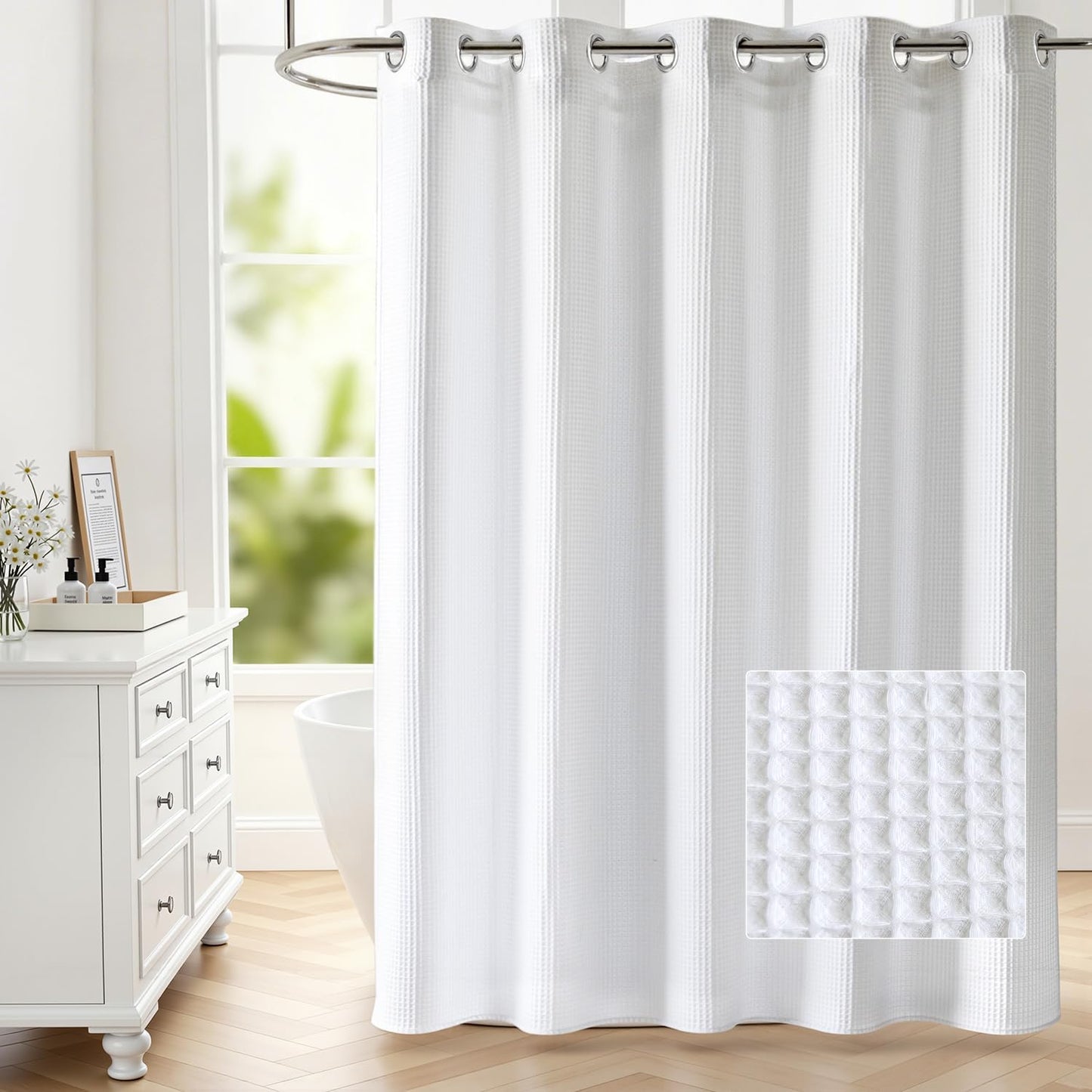 River Dream 86" Extra Long No Hooks Shower Curtain with Snap in Liner, Waffle Weave Cotton Blend,Hotel Quality,White,71Wx86L