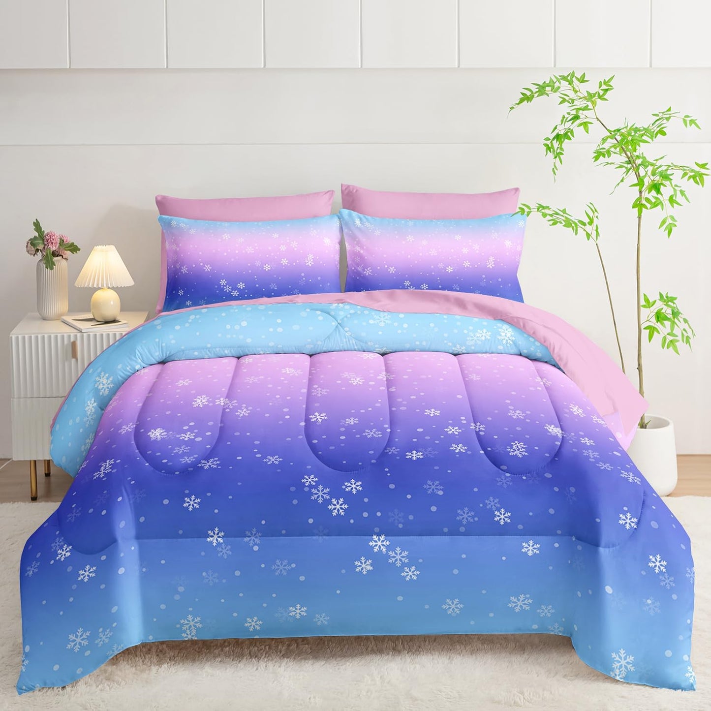7 Piece Bed in a Bag Queen Size Comforter, Blue Purple Snowflake Quilt Set, Soft Pink Sheets, All Season Bedding Set, Microfiber