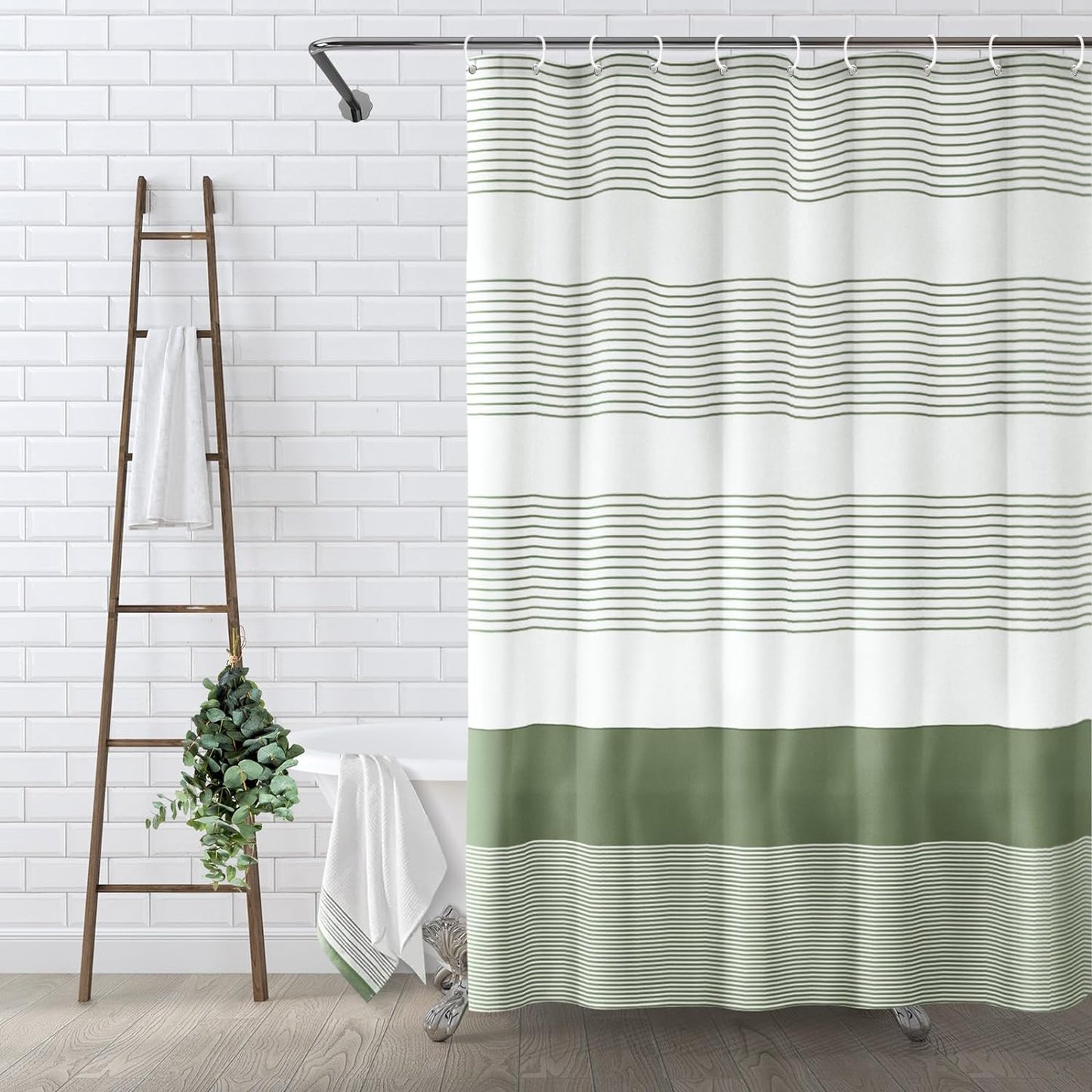 Awellife Sage Green Shower Curtain for Bathroom Boho Stripe Shower Curtain 72 X 72 Inches Farmhouse Cotton