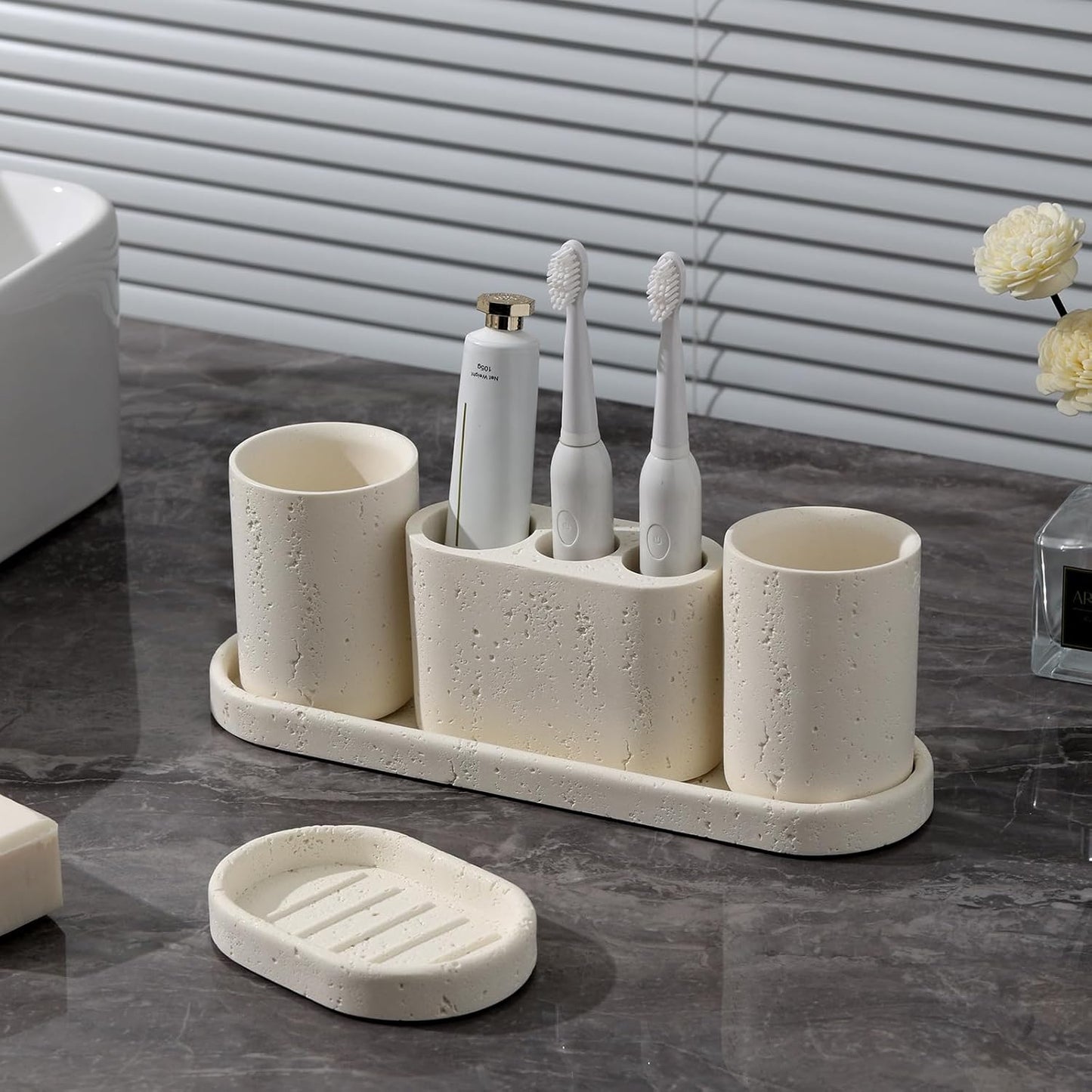 Bathroom Accessories Set, 4 pcs Toothbrush Holders Set Included 3 Slots Electric Toothbrush and Toothpaste Holder Stand, 2 Tumblers & Tray for Bathroom Countertop Sink Modern Decor (White)