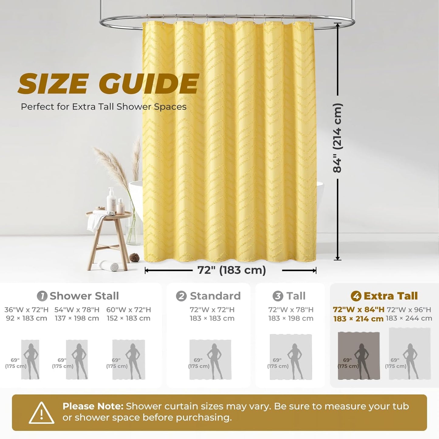 84inches Extra Long Yellow Shower Curtain Boho Farmhouse Shower Curtain 72 x 84 Tufted Chevron Textured Minimalist Shower Curtains for Bathroom