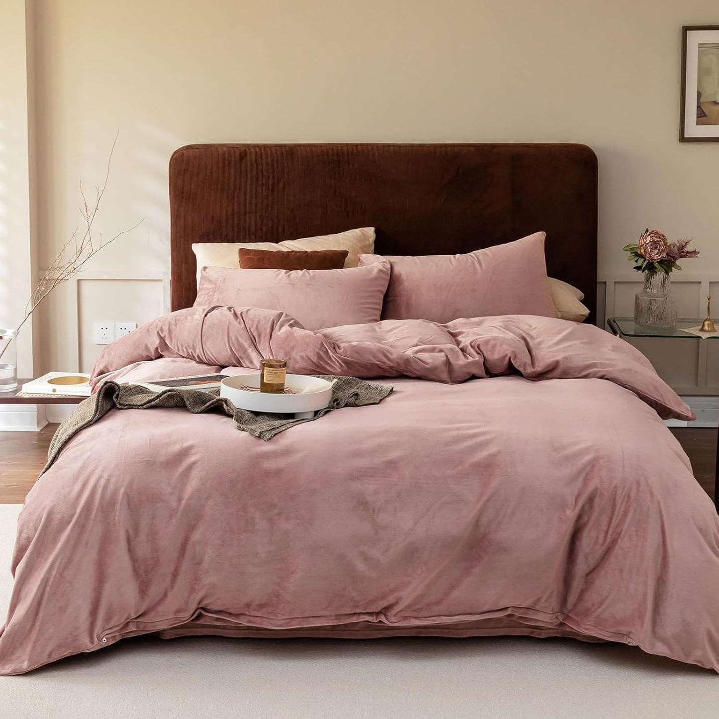 Cottonight Pink Velvet Comforter Set King Dusty Pink Flannel Bedding Comforter Set Winter Warm Blush Pink Heavyweight Warm Blanket Quilts Modern Winter Warm 3 Piece Velvet Comforter Set for King Bed