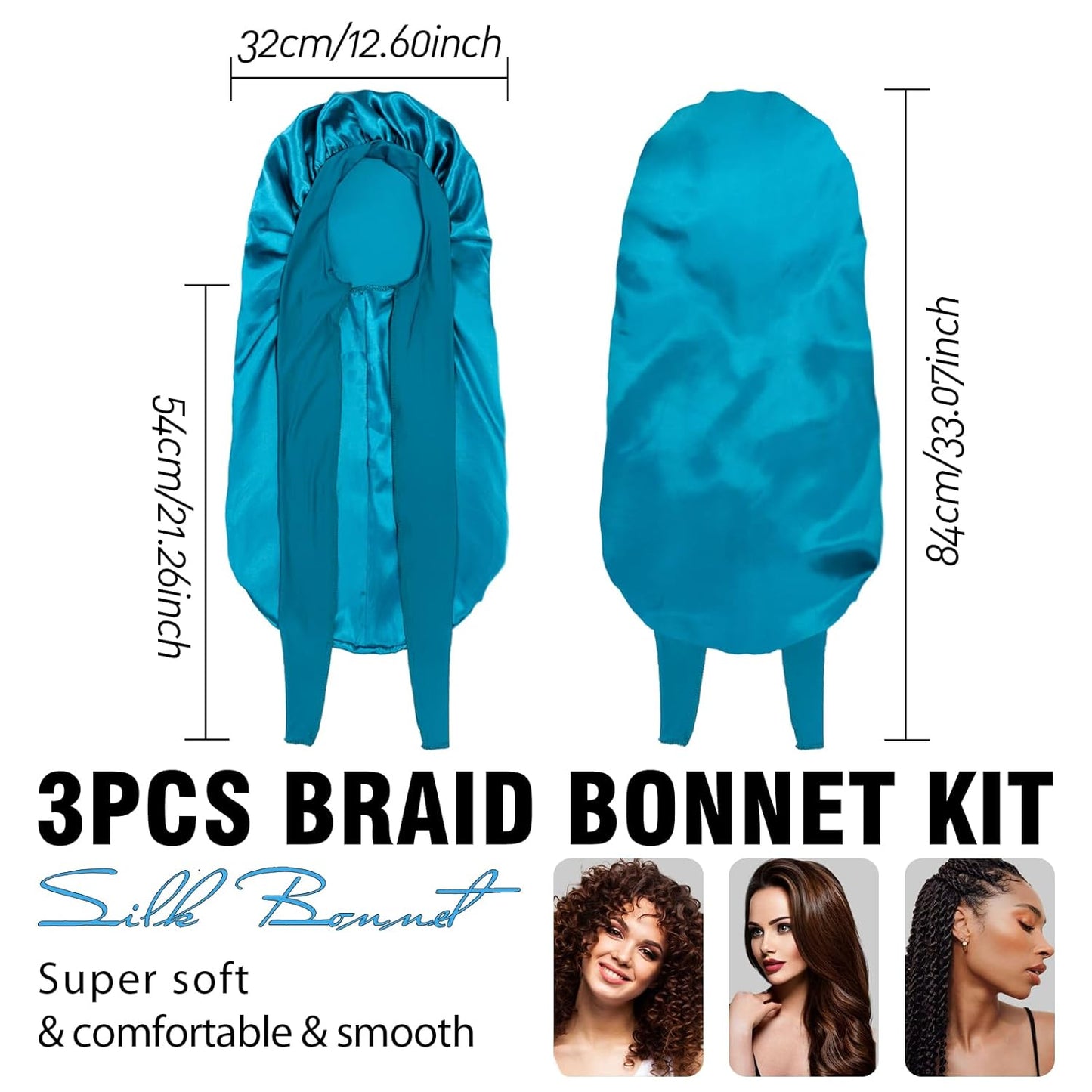3PCs Bonnets for Black Women - Braid Bonnet, Satin Silk Sleep Bonnet with Stretchy Tie Band for Long Curly Hair (Blue, Rose Pink, Purple)