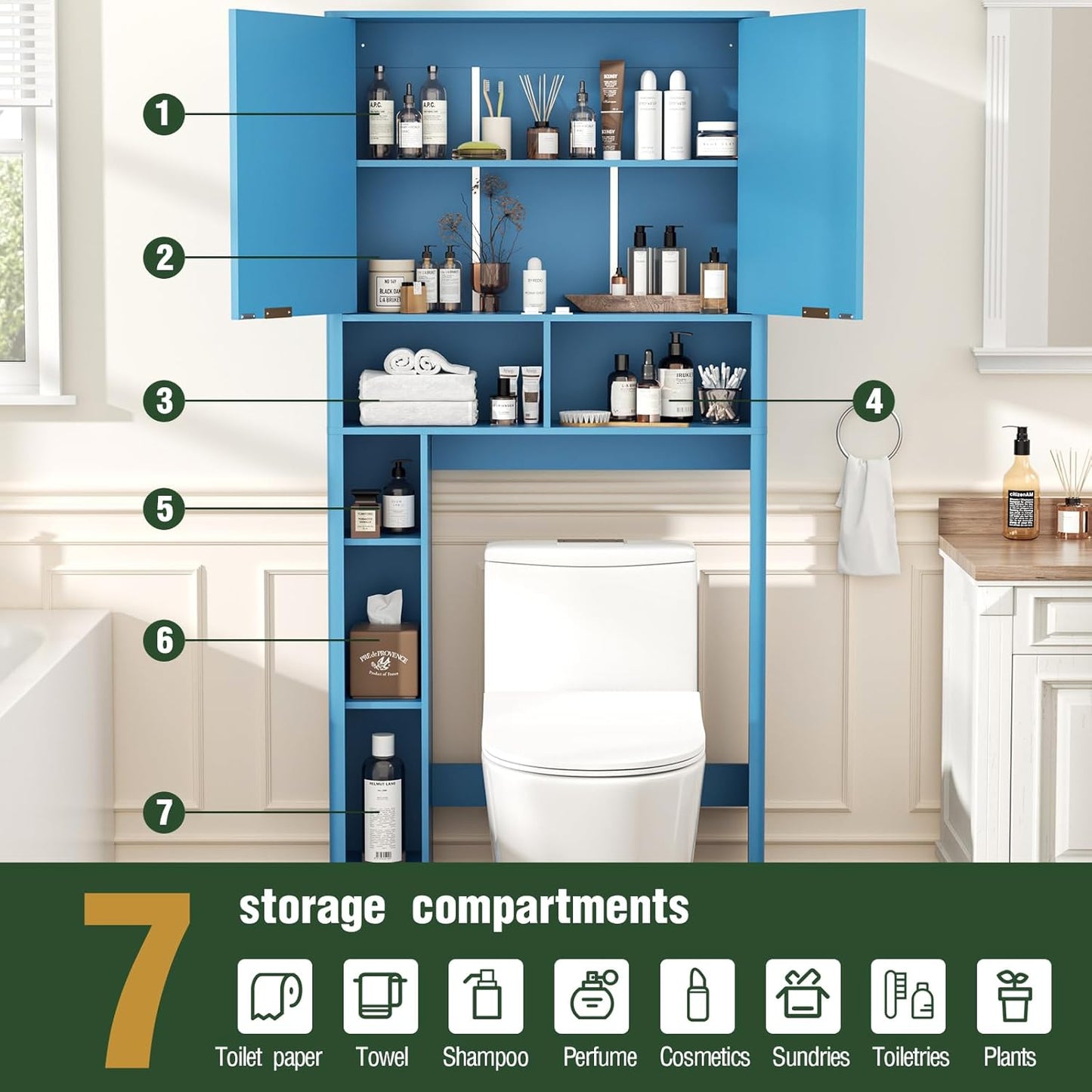 31" W Over The Toilet Storage Cabinet with Fluted Door, Blue Bathroom Organizer with Adjustable Shelf, Toilet Paper Holder Stand Wave Door for Restroom, Laundry Room