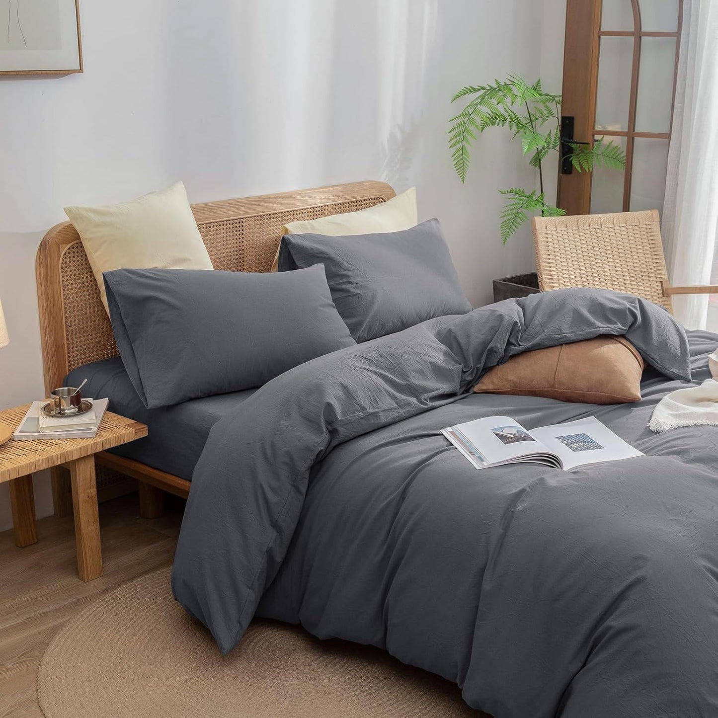BESTOUCH Duvet Cover Set 100% Washed Cotton Linen Feel Super Soft Comfortable Chic Lightweight 3 PCs Home Bedding Set Solid Quiet Shade Grey Super King