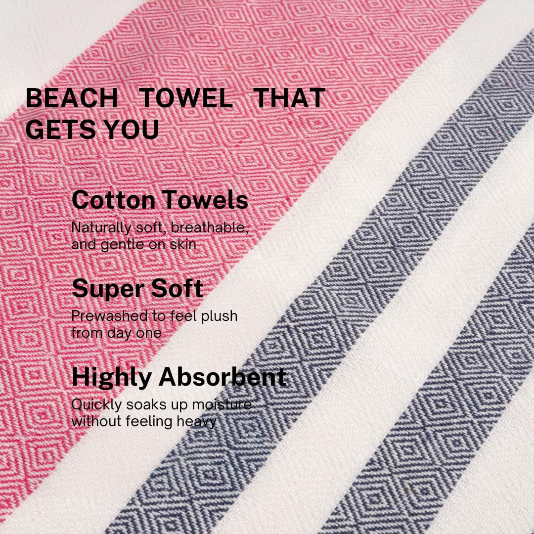 Cotton Turkish Beach Towel with Towels Oversized 36"x72" Pool Absorbent Extra Large Quick Dry Sand Travel Towel (Rosé & Riviera, 2 Pack)