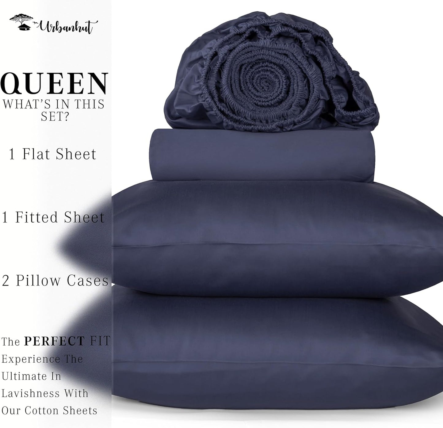 URBANHUT 1000 Thread Count Queen Sheet Set Egyptian Cotton Sheets, Long Staple Soft & Breathable, 4 Pc Bed Sheet Sets for Queen Size Bed, Luxury Hotel Sateen Sheets Fits 16" Deep Pocket - Navy Blue
