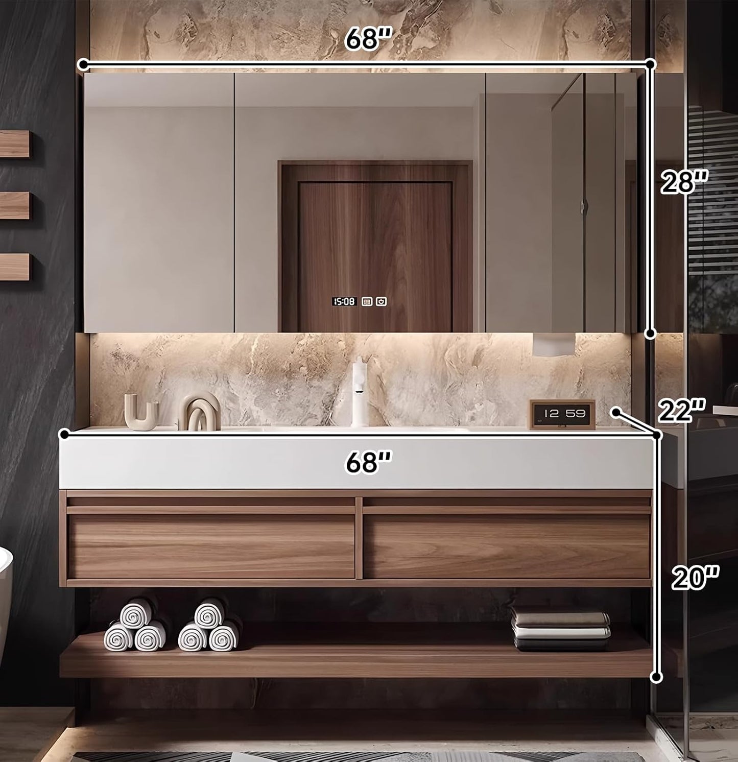68" Bathroom Vanity, Floating Bathroom Vanity with Sink, Solid Wood Vanities with Smart Defogging Mirror Cabinet, Slate Countertop and Faucet, Wall Mount Bath Furniture Cabinet with Drawers (Walnut)