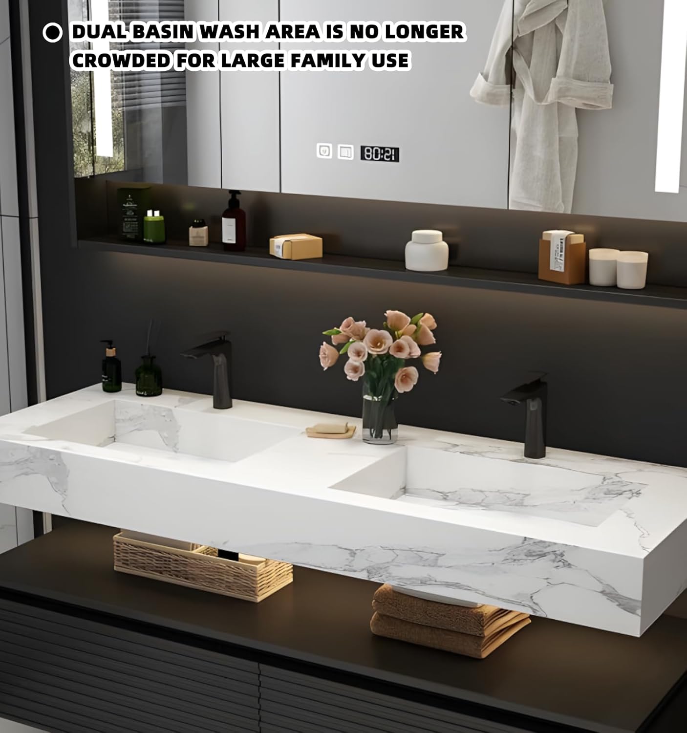 Double Bathroom Vanity with Sink, Oak Wood Bathroom Vanities with LED Smart Defogging Mirror Cabinet and Floating Open Shelf, Modern Bathroom Vanity with Rock Countertop & Faucet (Black,68")