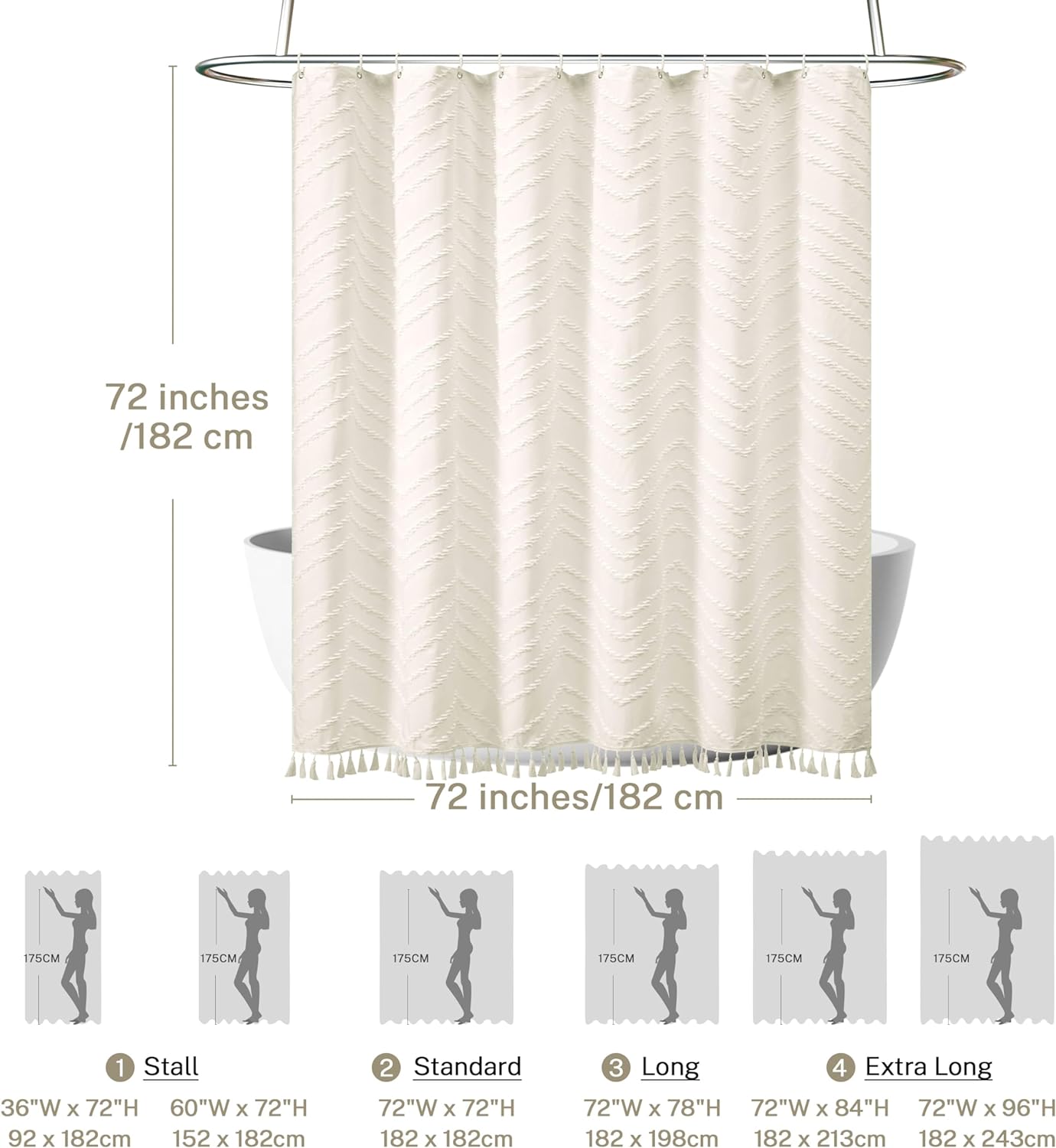 Boho Farmhouse Shower Curtain, 72 x 72 Tufted Chevron Textured Striped Modern Farmhouse Minimalist Cream Shower Curtain for Bathroom