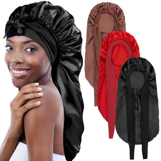 3Pcs Bonnets for Black Women Braid Bonnet, Large Long Satin Bonnet for Braids Sleeping, Black Women Satin Silk Bonnet (3Pcs-Black & Brown & Red)
