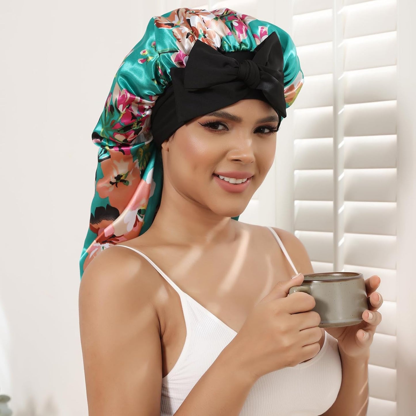 AWAYTR Long Satin Bonnet for Women - Double Layer Elastic Silk Bonnet for Braids Hair Sleeping Cap with Tie Band (Flower A)