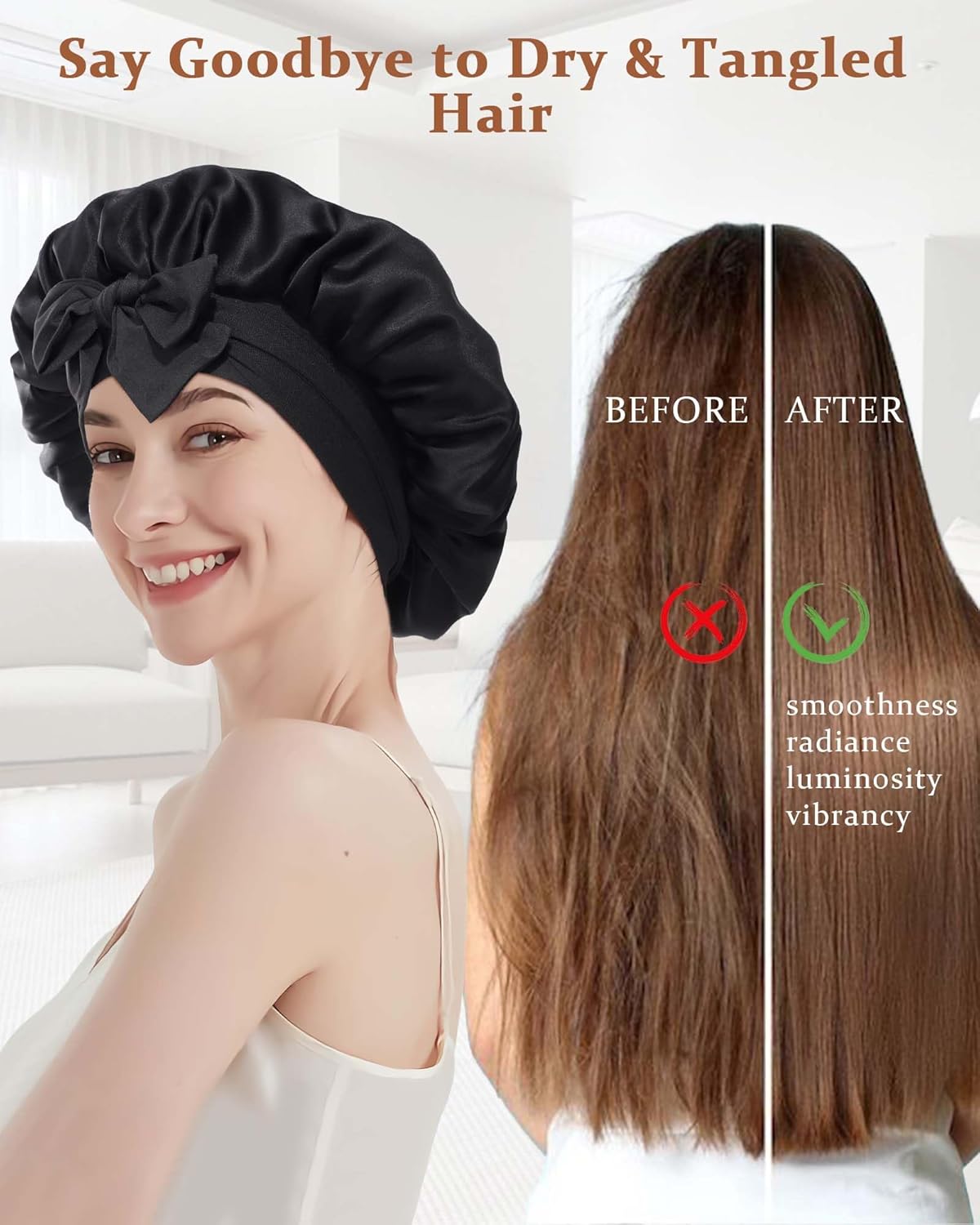 100% Mulberry Silk Bonnet for Sleeping Women Double Layer Silk Hair Bonnet Natural Silk Sleep Cap with Elastic Reversible Hair Wrap (Black)