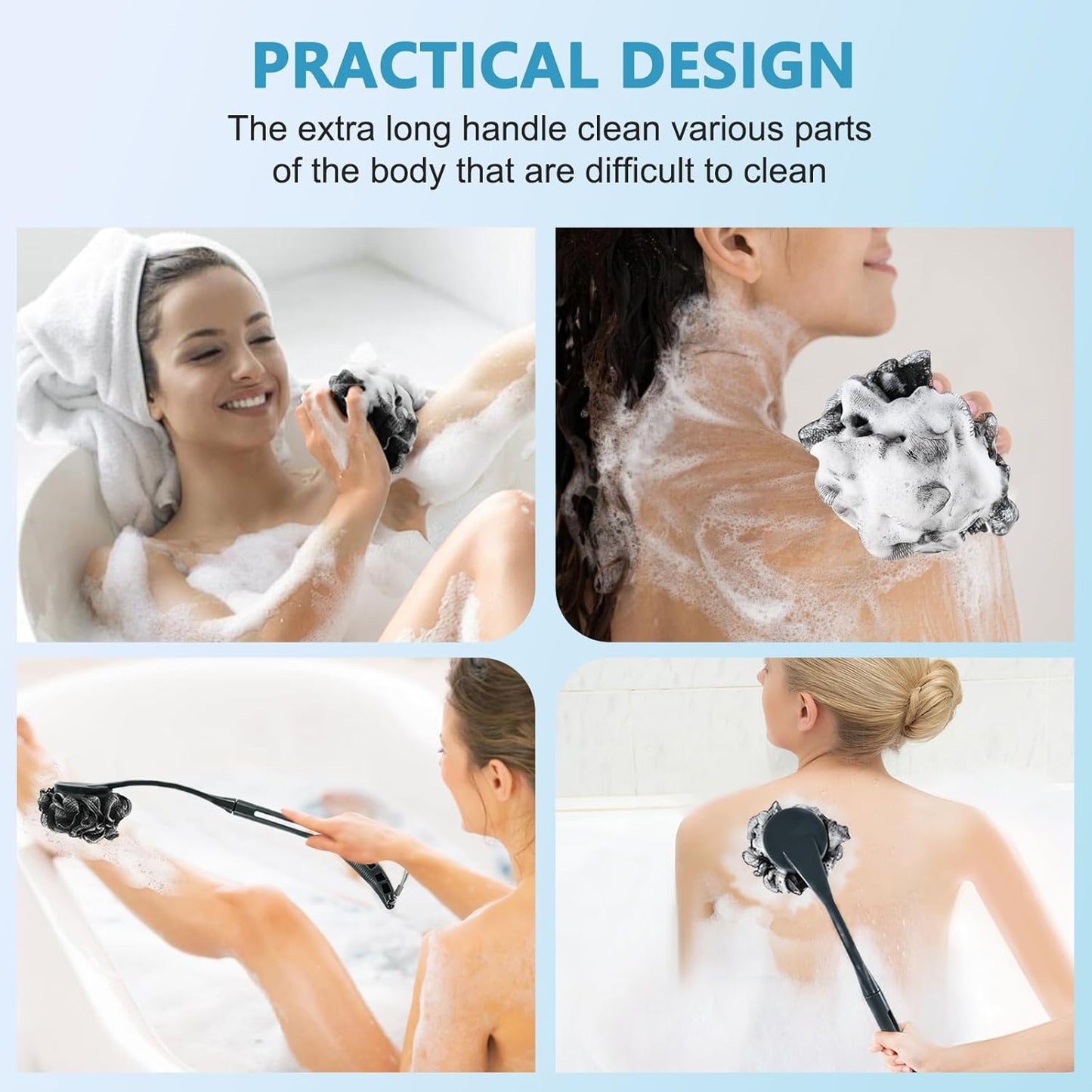 Loofah with Handle, 20.5'' Replaceable Shower Loofah to Improve Skin Health, Body Scrubber, for Women and Men with String for Easy Hanging（Dark Black）