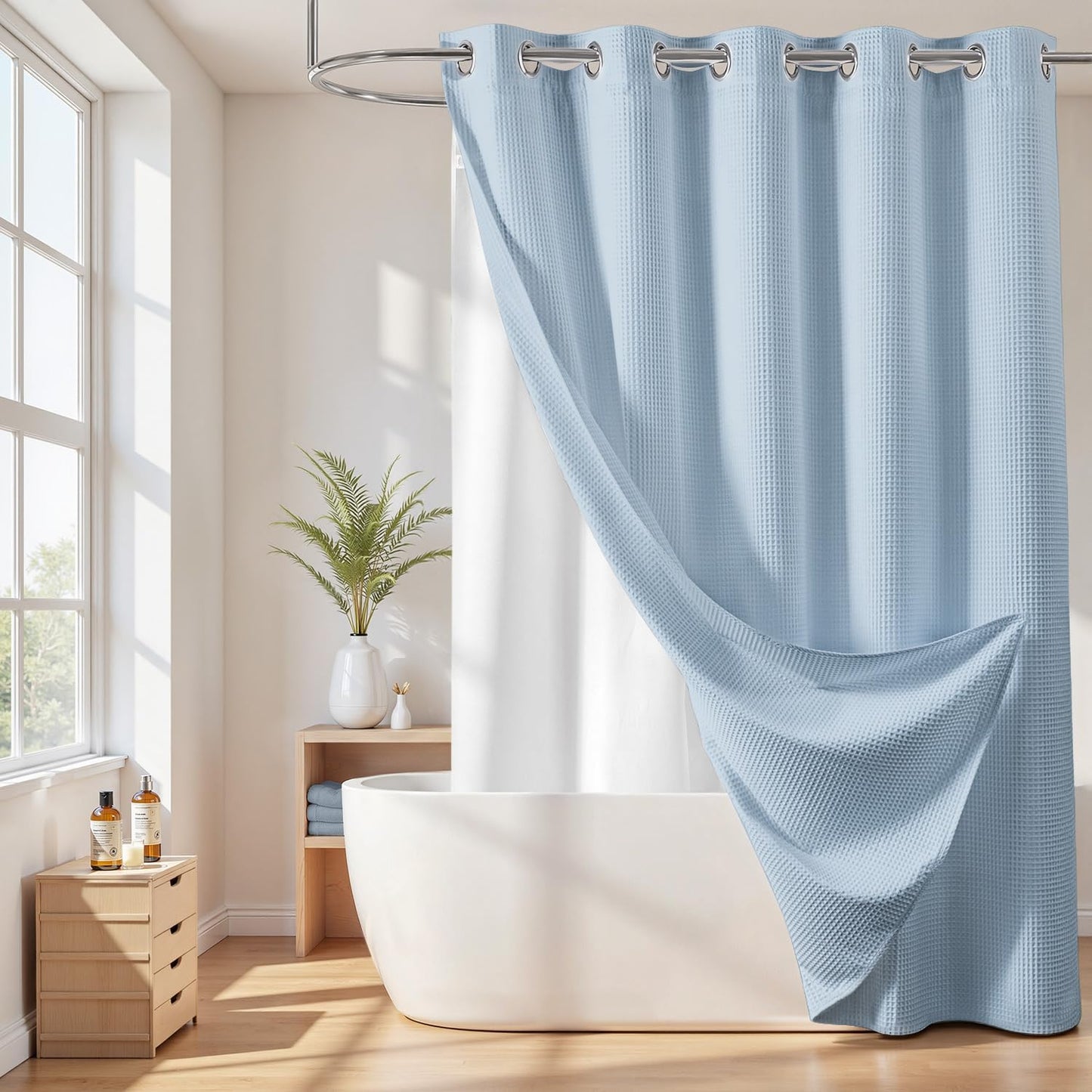 River Dream Cotton Blend Shower Curtain with Snap in Liner, Light Blue No Hook Shower Curtains for Bathroom, Hotel Grade, Water Repellent, 71" W x74 L