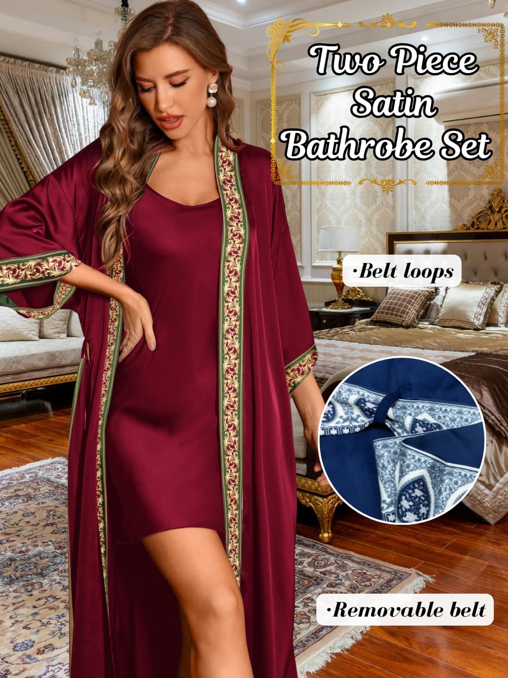 Satin Robe Sets For Women, 2-PC Lightweight Bathrobe, Silk Sleepwear Kimono Bridesmaid Sexy Robes