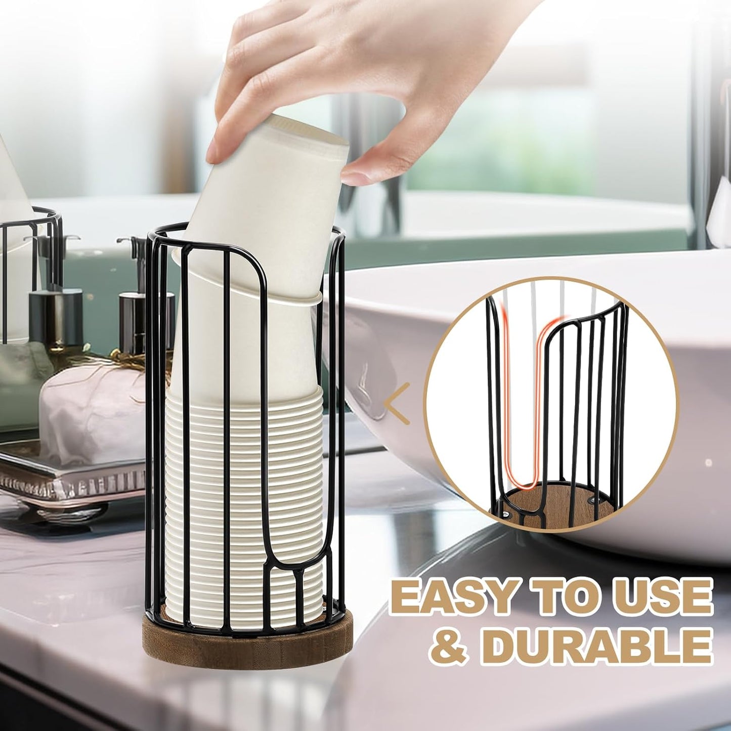 Heightened Rural Style Bathroom Cup Dispenser, 2 Pack Small Disposable Paper Cup Holder, 3oz Disposable Mouthwash Cup Storage Rack, Iron Bathroom