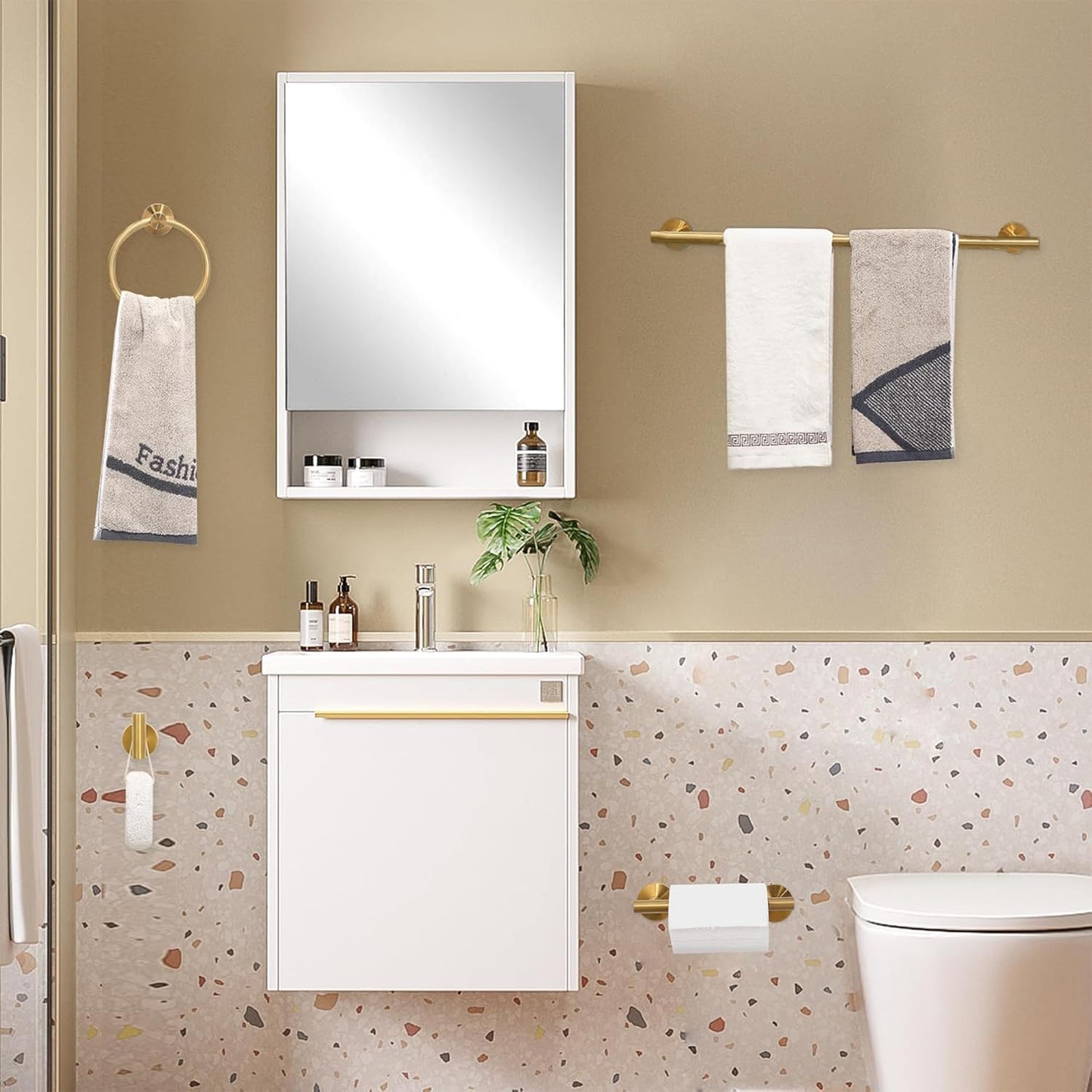 4 Pieces Brushed Gold Bathroom Accessories Hardware Set,Toilet Paper Holder Set,Include Double Post Pivoting Toilet Tissue Roll Paper Holder,Towel Ring,Towel Holder Set for Bathroom