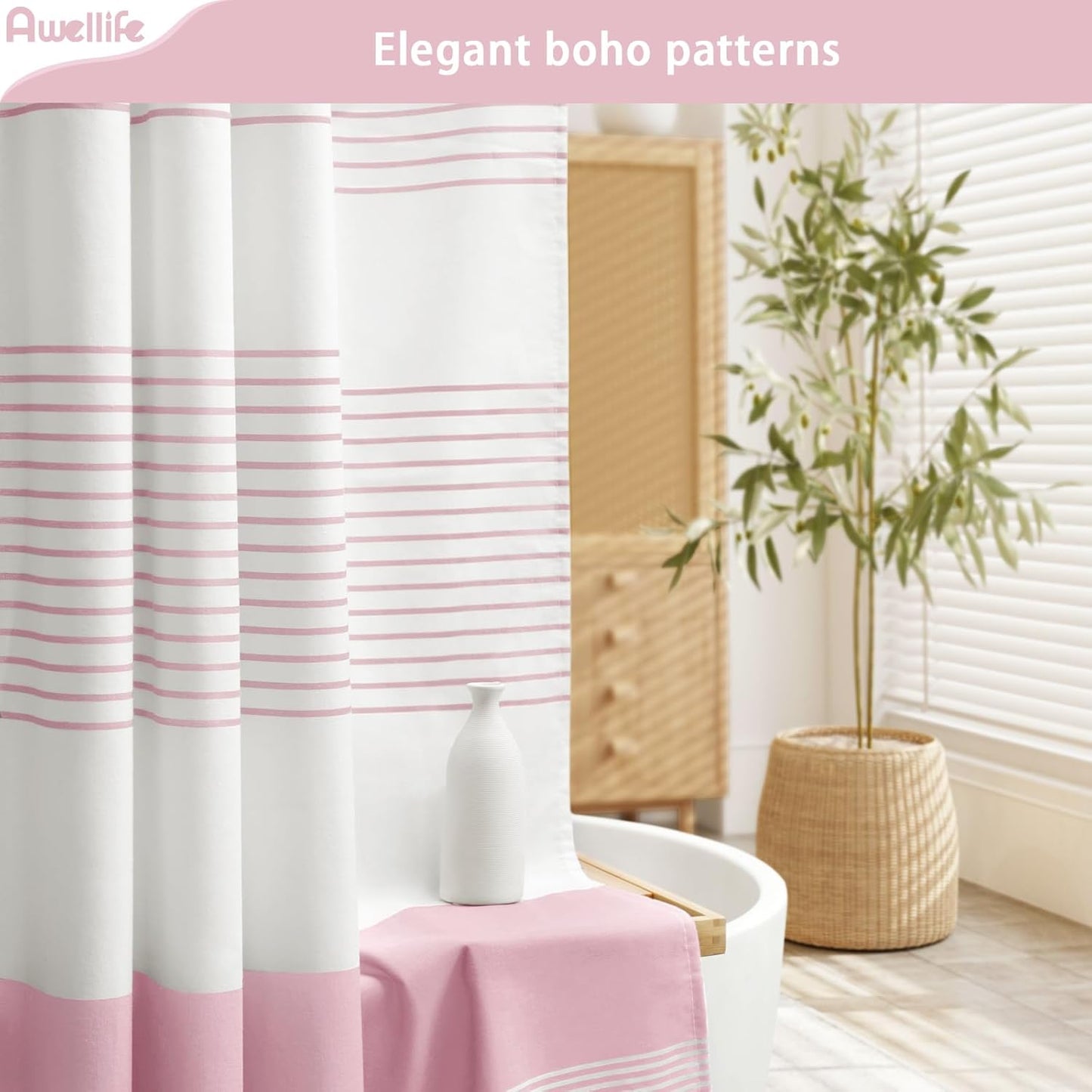 Awellife Boho Pink Shower Curtain for Bathroom Stripe Tassel Shower Curtain 72 X 72 Inches Farmhouse Cotton Girls Coral