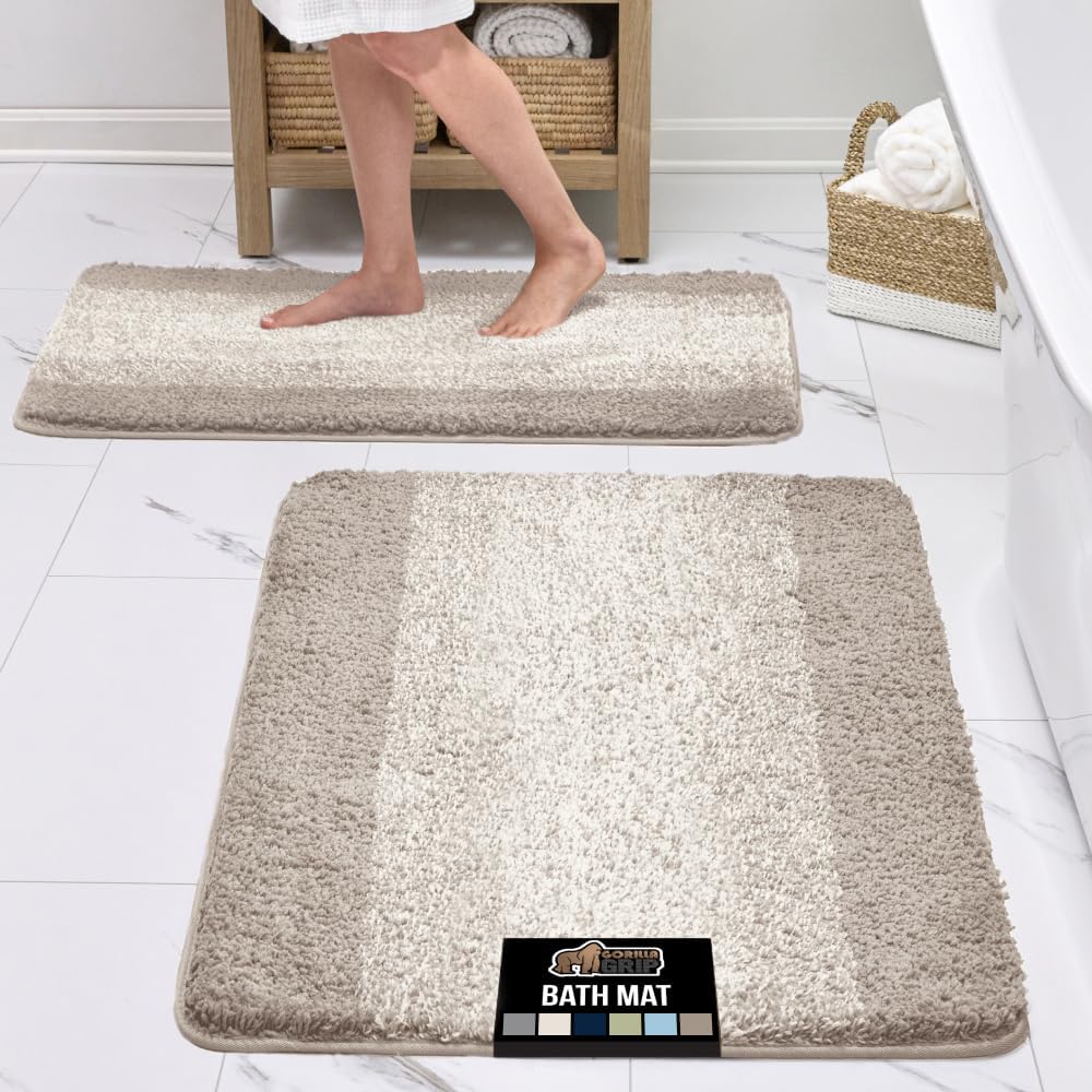GORILLA GRIP Ultra Soft Plush Bathroom Rugs with Rubber Backing Set of 2, Absorbent Quick Dry Bath Mat, Machine Washable Shower Mats, Home Décor Accessories Bathmat Rug, 24x16 and 30x18 Beige
