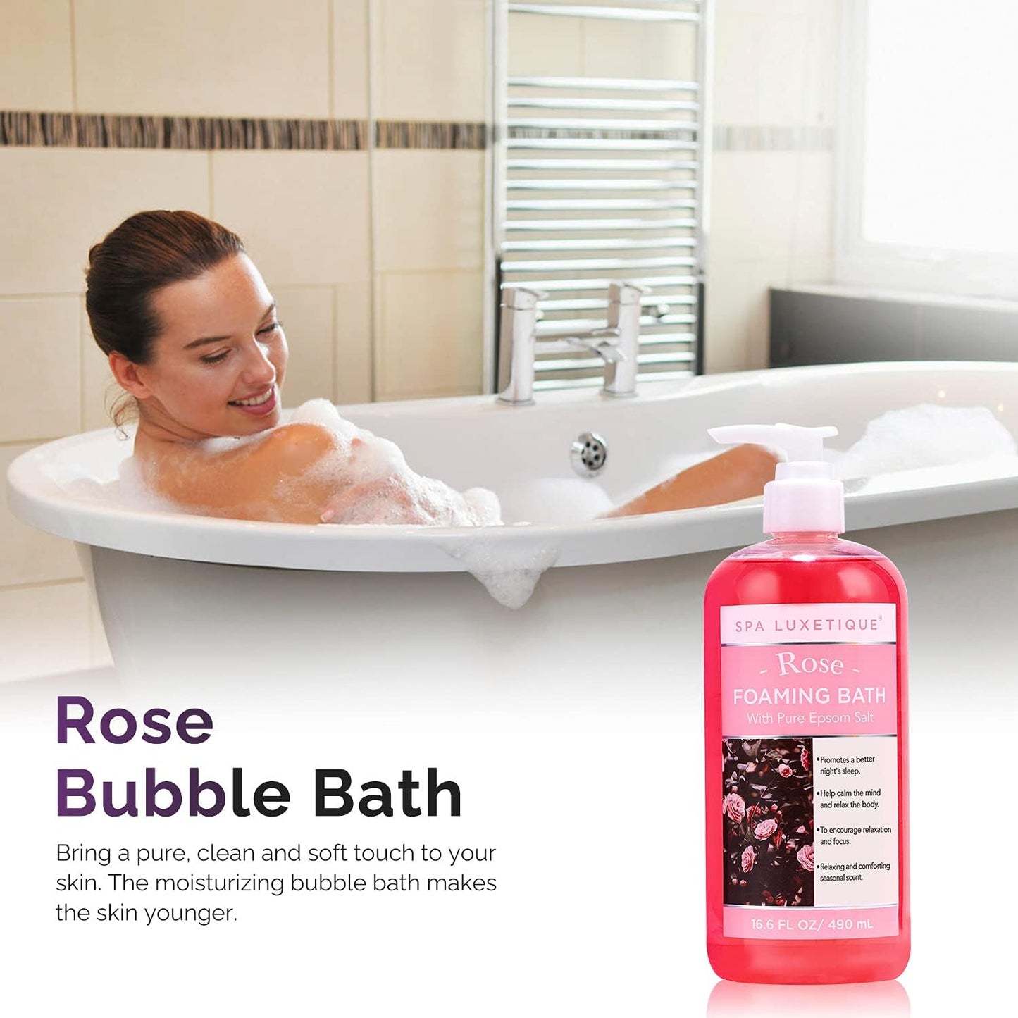Spa Luxetique Bubble Bath, Foaming Bath with Epsom Salt, Chamomile Rose and Lavender Scent Bathing Set, 3 Pack 49.8 fl oz Christmas Gifts Set for Women and Men