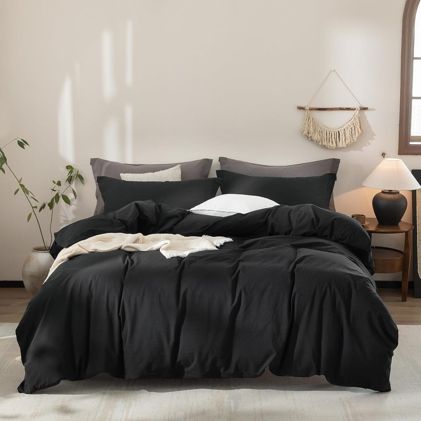 Black Duvet Cover Super King Plus Size 100% Washed Cotton Bedding Set Cover 1 Duvet Cover with Zipper Closure and 2 Pillowcases, 120inch x 120inch