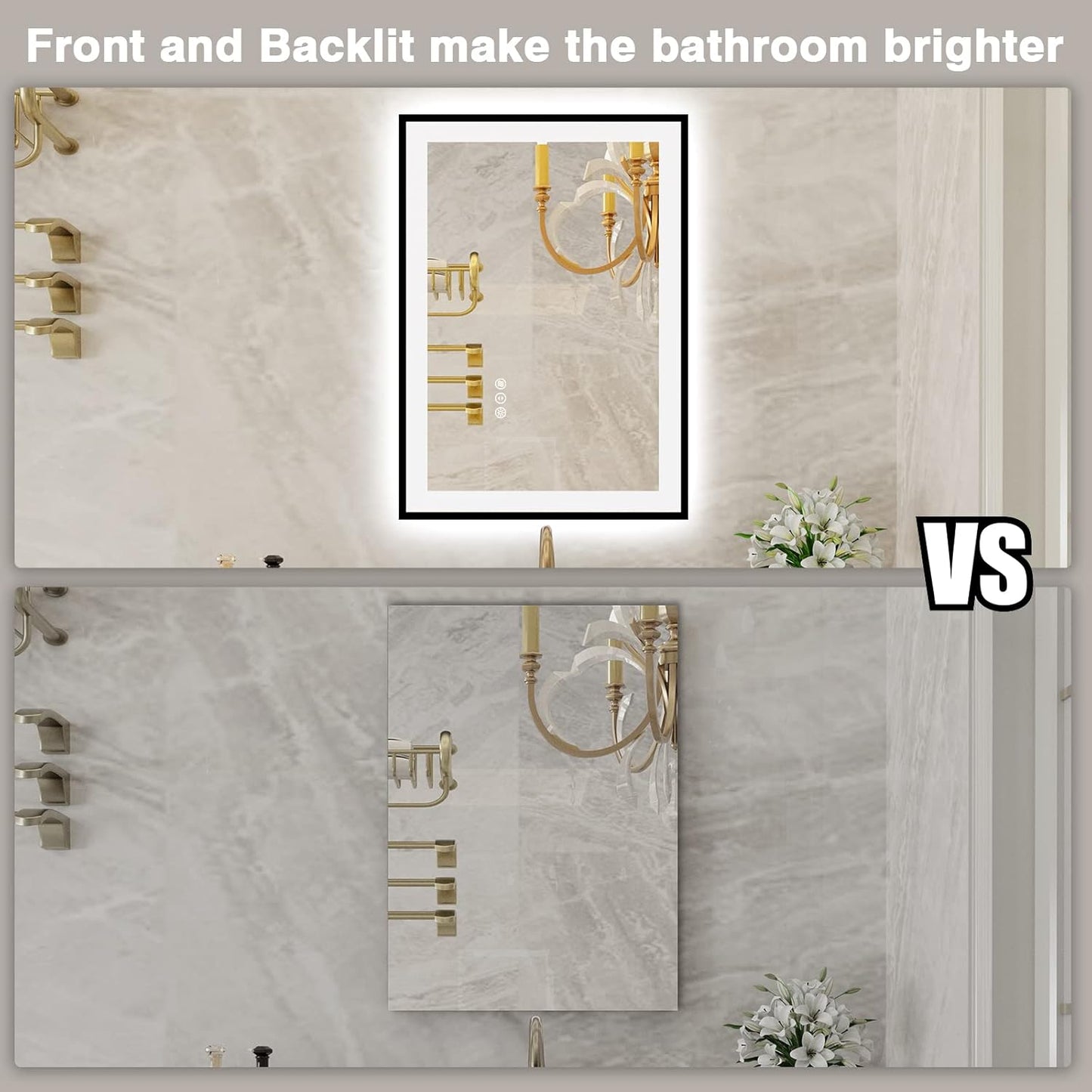 20x28 LED Bathroom Mirrors for Wall -Black Aluminum Framed (Front and Backlit), Anti-Fog Vanity Mirror With Lights,Stepless Dimmable Lighted Mirror,3 Colors Smart Mirror(Horizontal/Vertical)