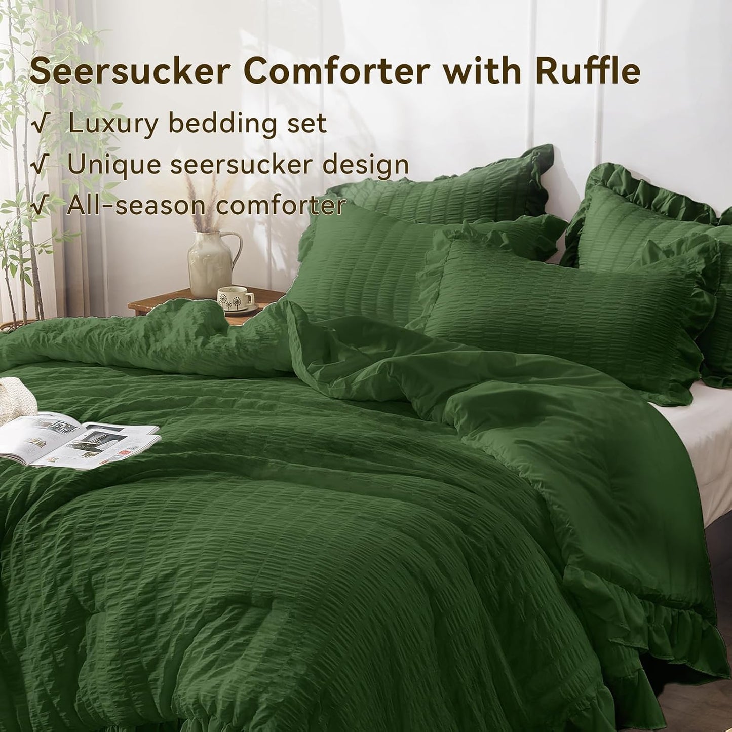 JOLLYVOGUE Dark Green Queen Comforter Set, 3 Pieces Seersucker Comforters Queen Size, Lightweight & Fluffy Bedding Sets Queen for All Season with 1 Ruffle Comforter and 2 Ruffle Pillowshams