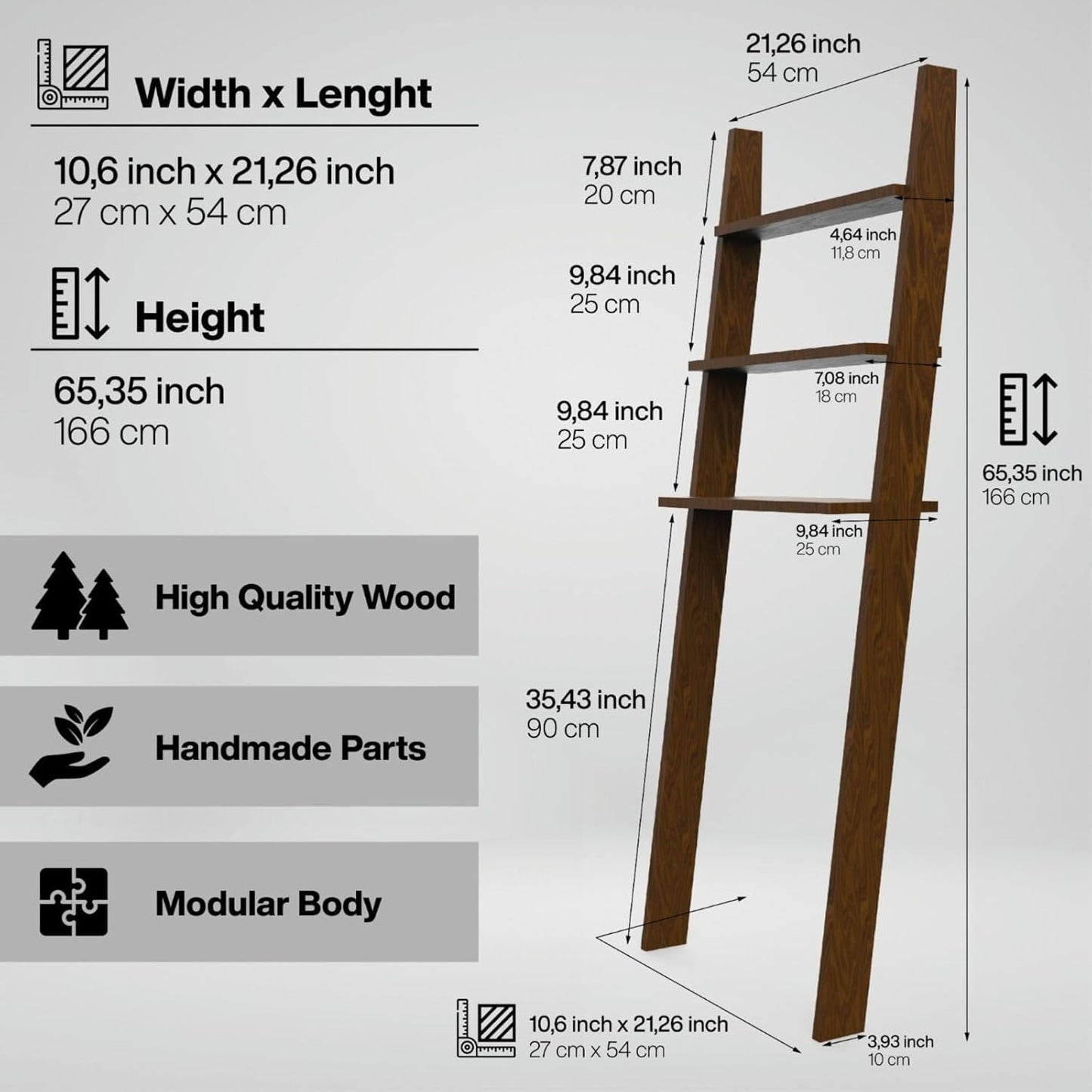 Over The Toilet Birch Wood Bathroom Organizer Shelves, 3-Tier Freestanding Above Toilet Storage Ladder Shelf, Standing Space Saver Behind Toilet Small Bathroom Organizer (Chestnut)