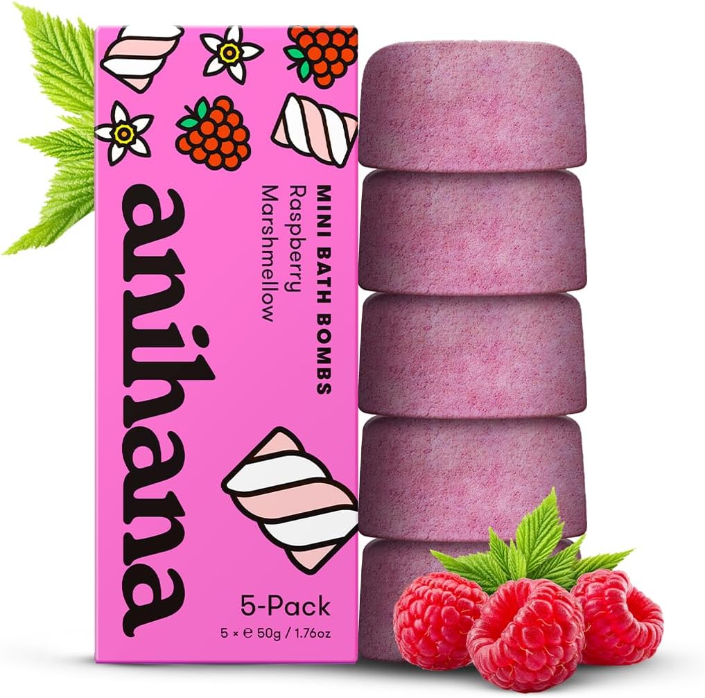 ANIHANA Mini Bath Bombs with Coconut Oil, Paraben Free, Hand-Crafted Luxury Fizzers, Refreshing Raspberry Marshmellow Scent, 1.76 oz Each, 5 Pack