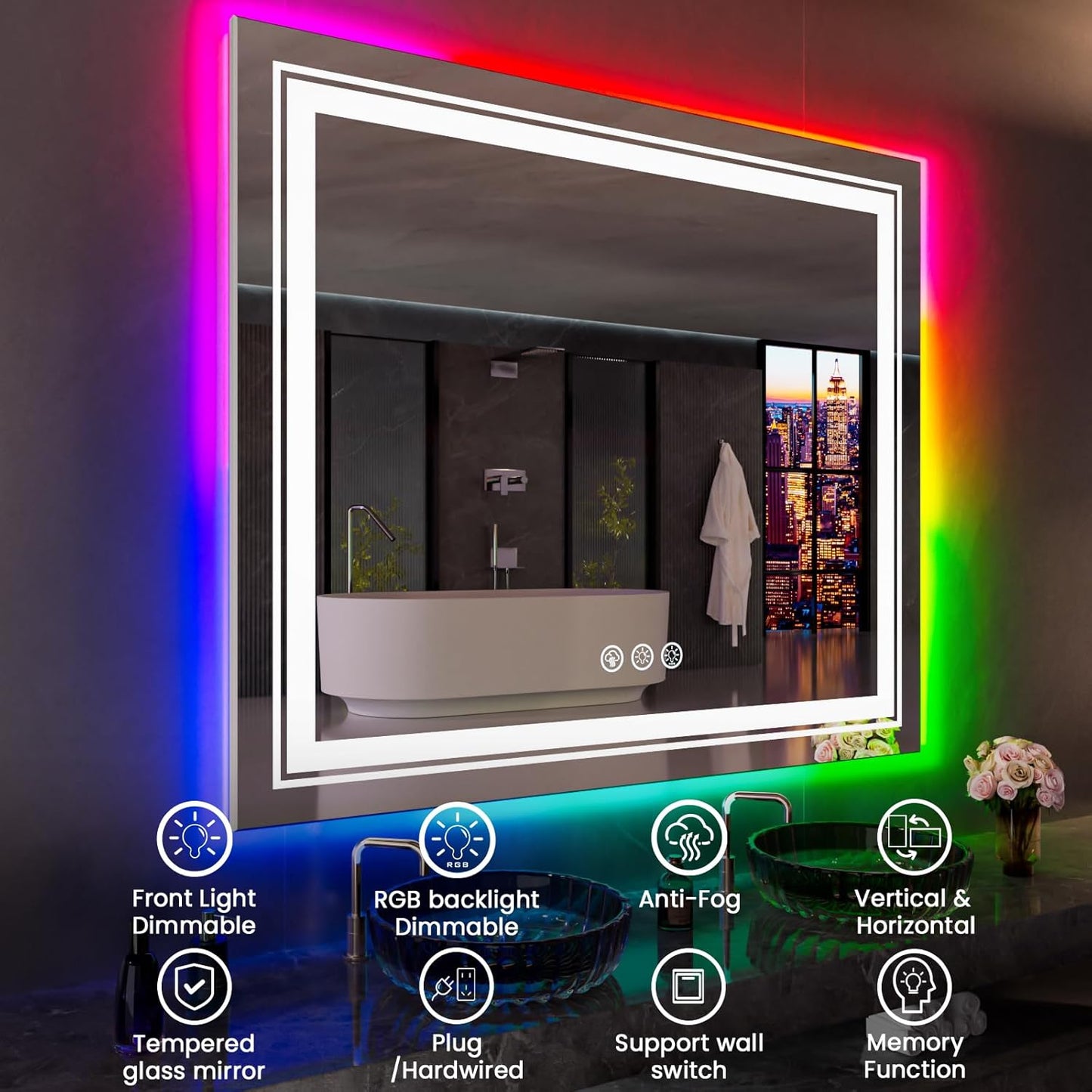 LED Mirror for Bathroom, 77"X36" with 8 RGB Backlit +3 Front Lit (Adjustable Individually), Anti-Fog, Large Lighted Bathroom Vanity Mirror for Wall,Shatterproof,Memory Function,Tempered Glass