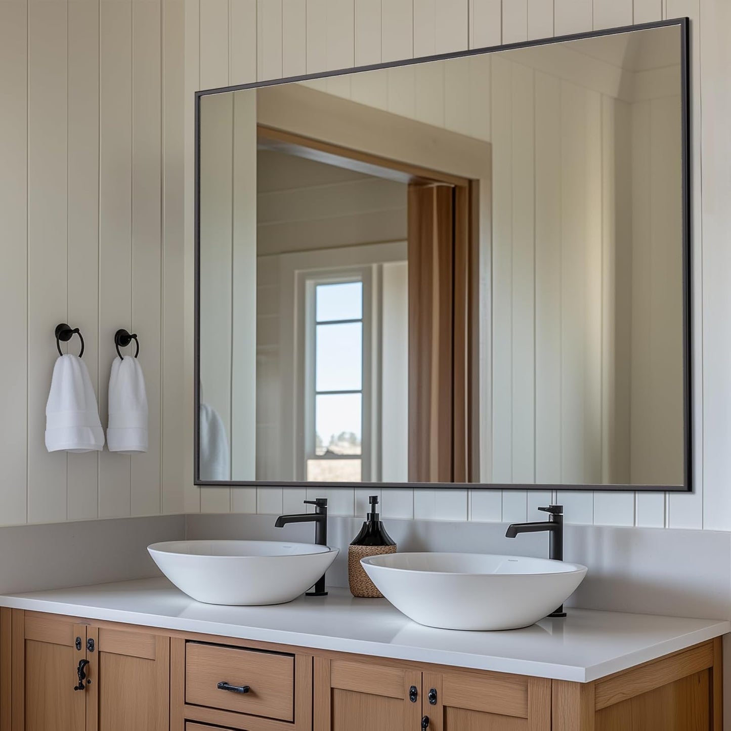 Antok Bathroom Mirror,48"x36" Wall Mirror, Decorative Mirrors Vanity Mirror Aluminum Alloy Frame Contemporary Hanging Mirror for Living Room Bathroom Entryway,Black,Round Corner