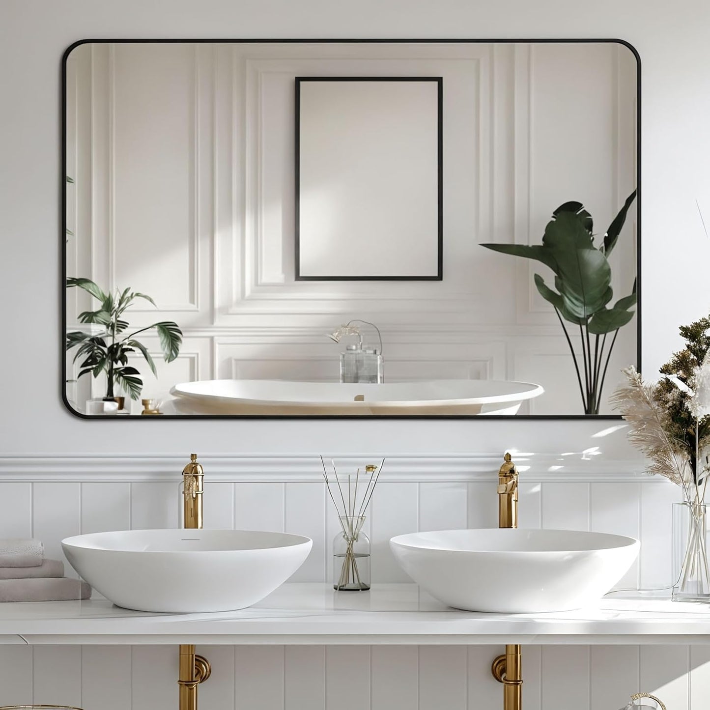 Antok Bathroom Mirror,60"x30" Wall Mirror, Decorative Mirrors Vanity Mirror Aluminum Alloy Frame Contemporary Hanging Mirror for Living Room Bathroom Entryway,Black,Round Corner