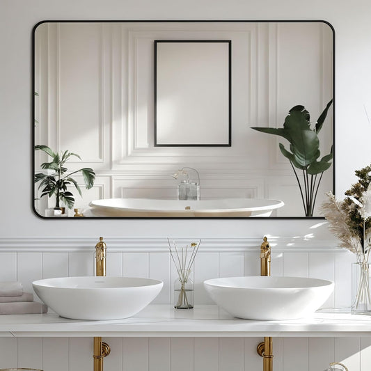 Antok Bathroom Mirror,60"x30" Wall Mirror, Decorative Mirrors Vanity Mirror Aluminum Alloy Frame Contemporary Hanging Mirror for Living Room Bathroom Entryway,Black,Round Corner