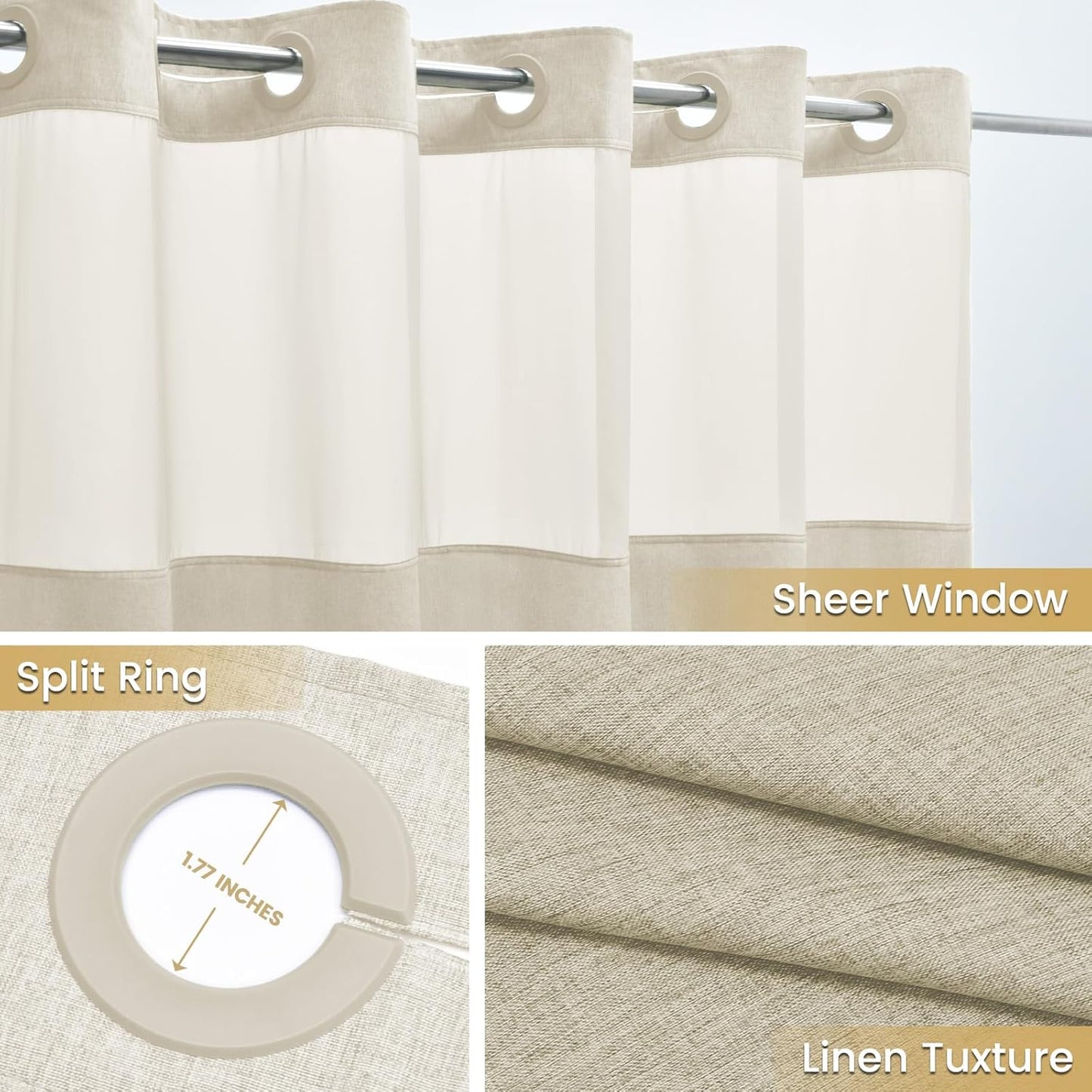 Small No Hooks Luxury Shower Curtain Set with Snap-in Liner, Polyester Textured with See-Through Top Window, Waterproof & Washable Hotel Style for Bathroom, 54W x 80H, Cream