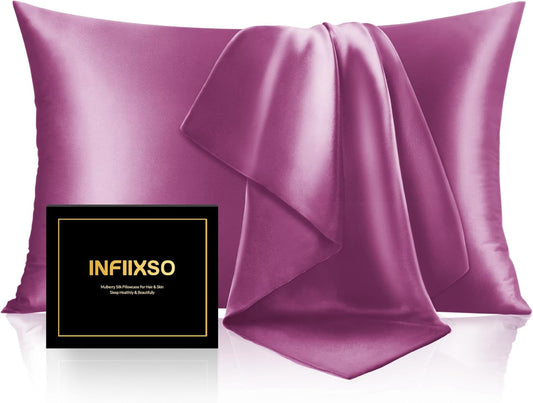 INFIIXSO Mulberry Silk Pillowcase for Hair and Skin, Silk Pillow Cases Queen Size Set of 2 with Hidden Zipper 20x30 Inches, Ultra Smooth and Soft Cooling Pillow Cases for Hot Sleepers(Purple, 2 Pack)