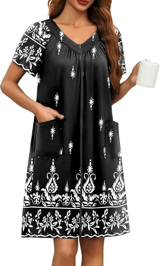 Ekouaer Women Robe Zipper Front Mumu Duster Robes Zip Up Housecoat Soft Sleepwear with Pockets S-3XL