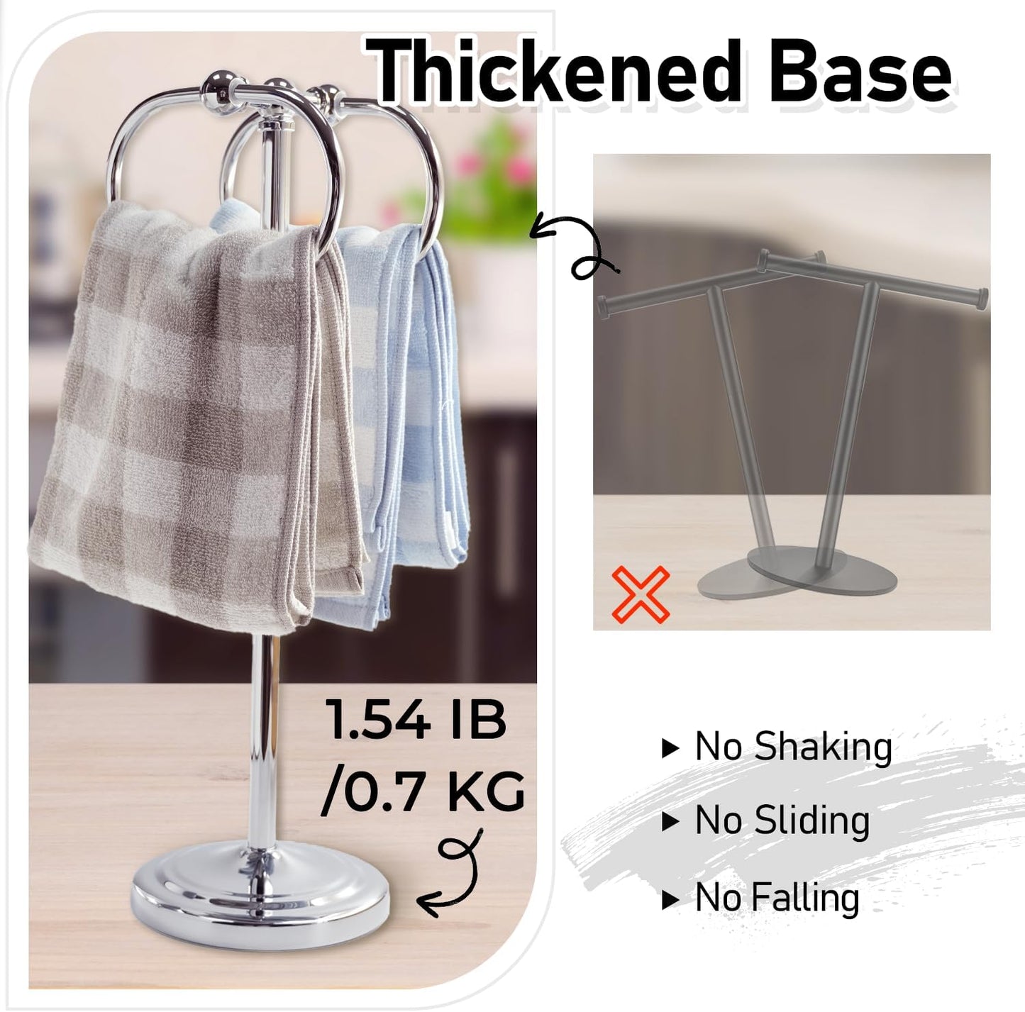 17 Inch Stainless Steel Hand Towel Holder Double Stand Hand Towel Ring for Washcloths or dishcloths Non-Slip Base Free Standing Towel Rack for Bathroom Kitchen (Chrome)