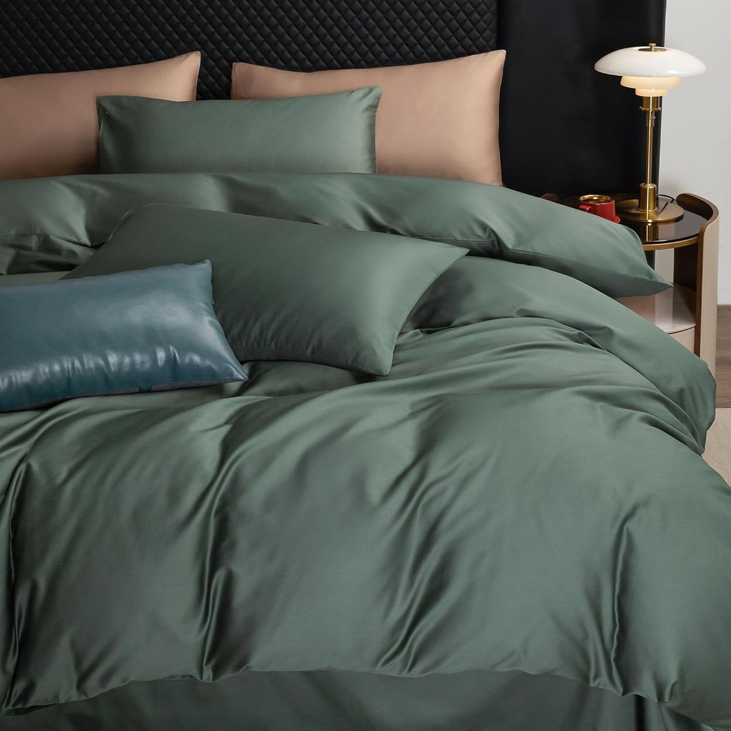 MooMee Queen Duvet Cover Set, 100% Extra Long Staple Cotton 600 Thread Count Sateen Silky Soft Breathable Durable Luxury Hotel Quality Bedding Set, 3 Pieces (Dark Green, Queen 90"x90")