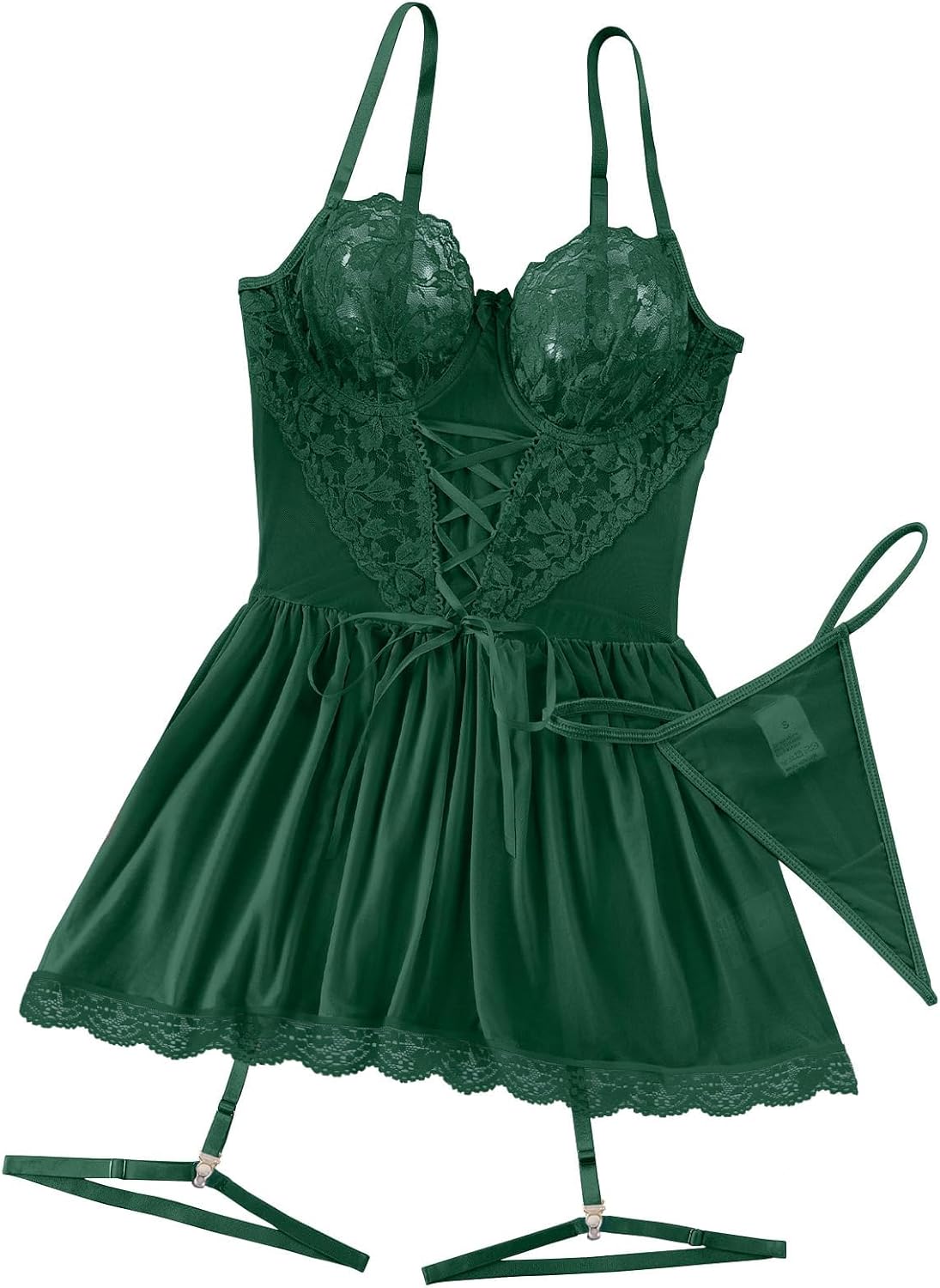 Lilosy Sexy Garter Belt Mesh Lace Babydoll Lingerie Dress Set with Thong