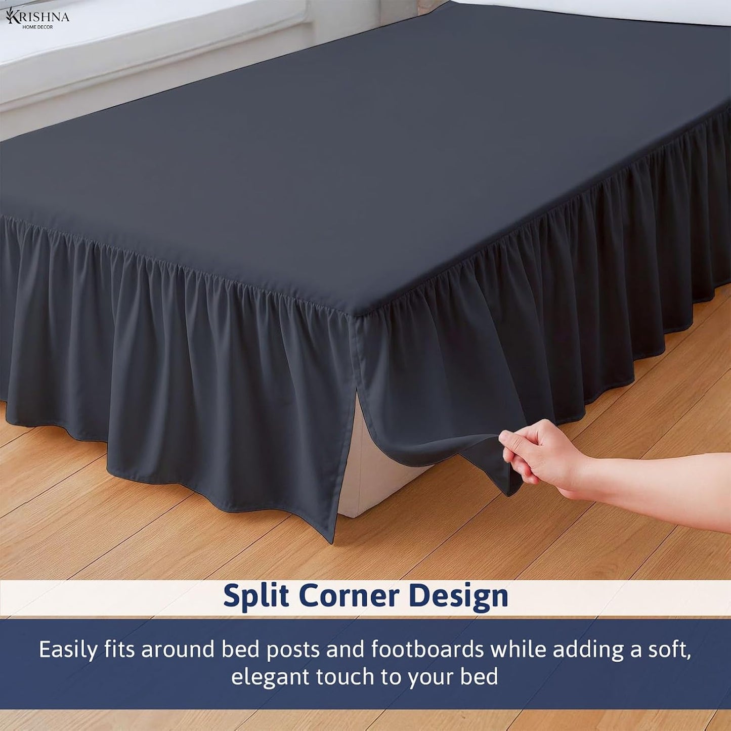 KRISHNA Ruffled Bed Skirt with Split Corners King, 100% Microfiber Hotel Quality, 18 Inch Drop Dust Ruffle Gathered Bedskirt with Platform, 78" x 80", Dark Grey