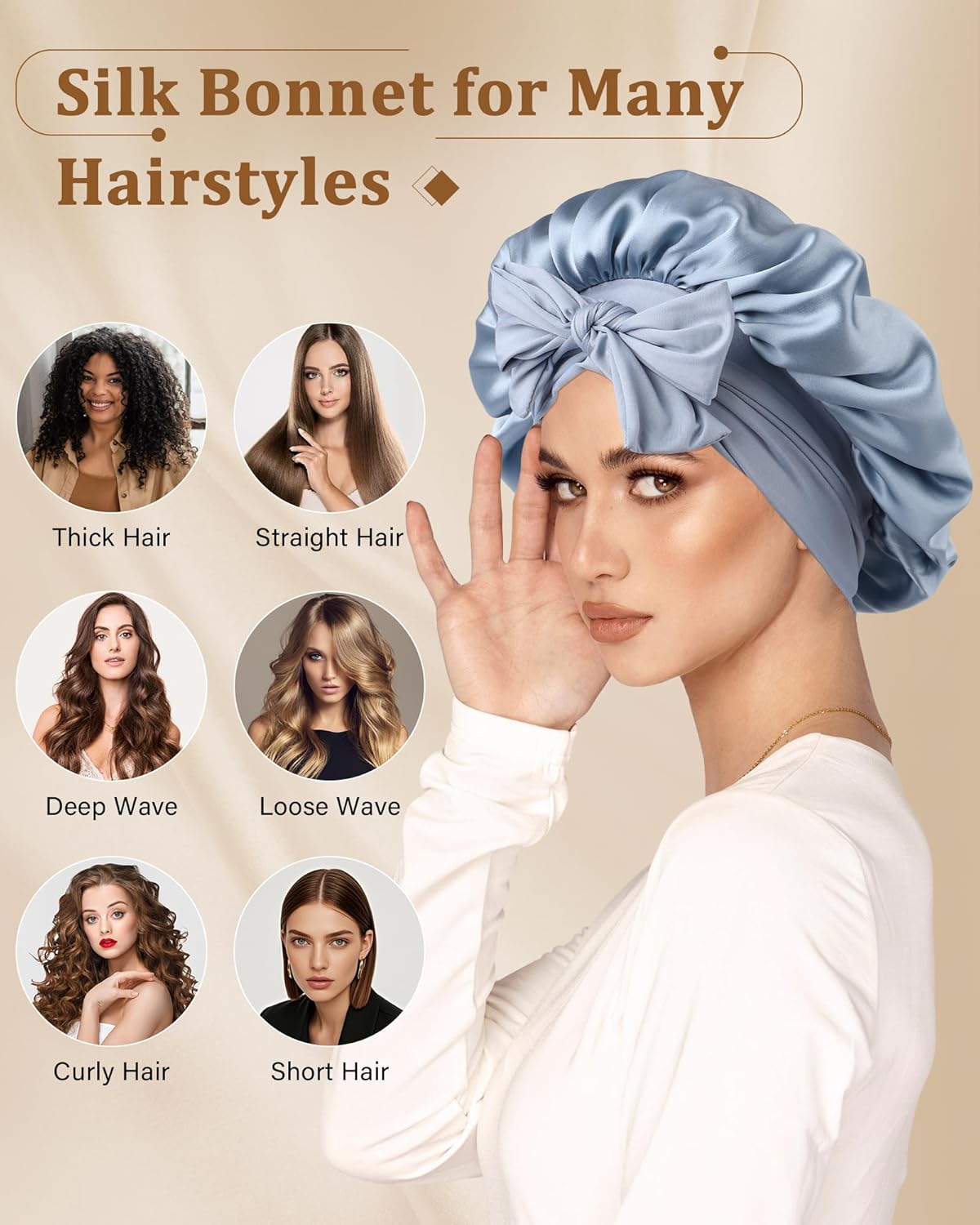 AWAYTR Mulberry Silk Bonnet for Sleeping - Silk Sleep Bonnet with Tie Band for Curly Hair Men and Women (Haze Blue)